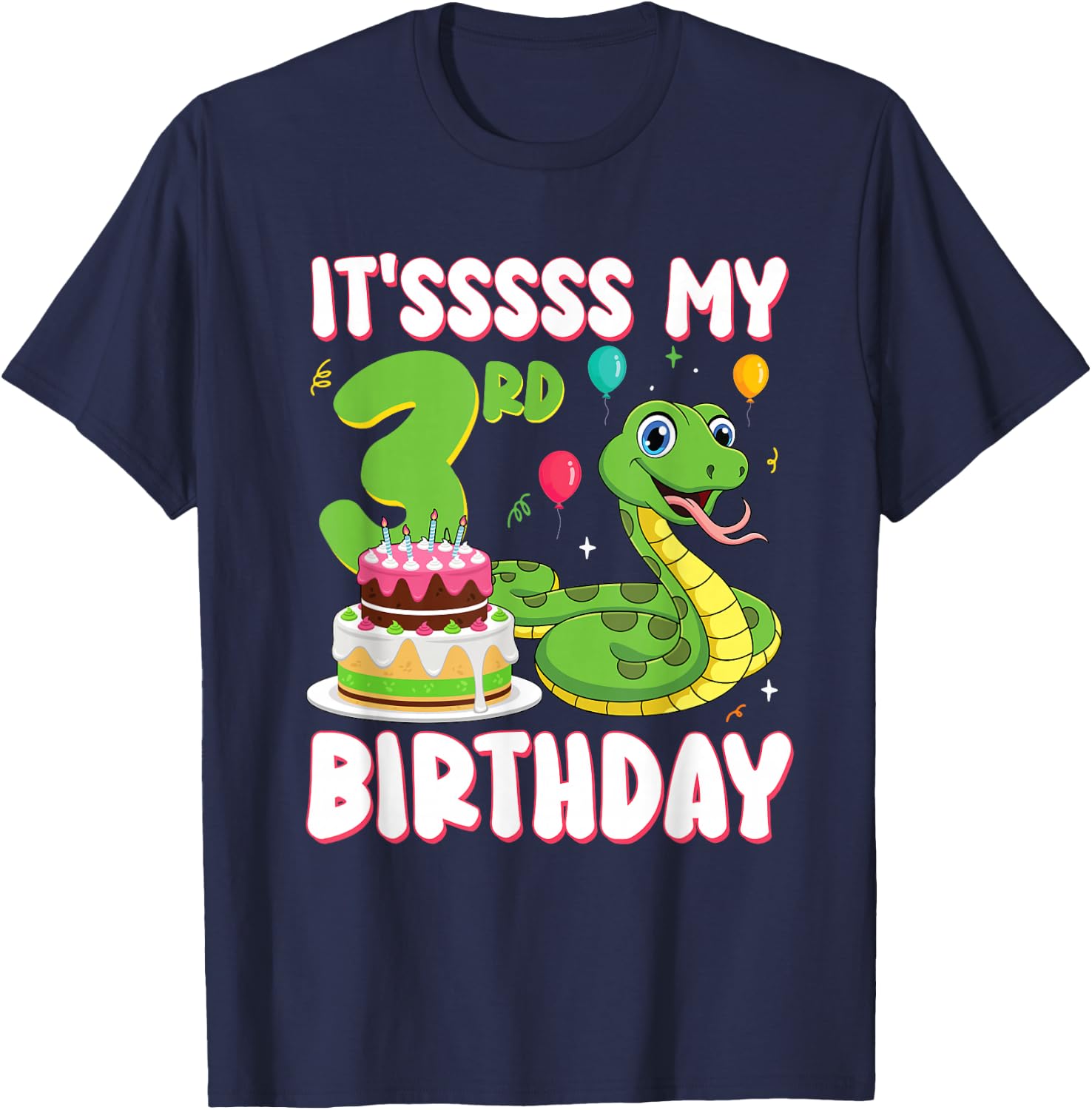 3 Year Old Snake 3rd Birthday Python Party Kids T-Shirt - T-Shirt | Navy