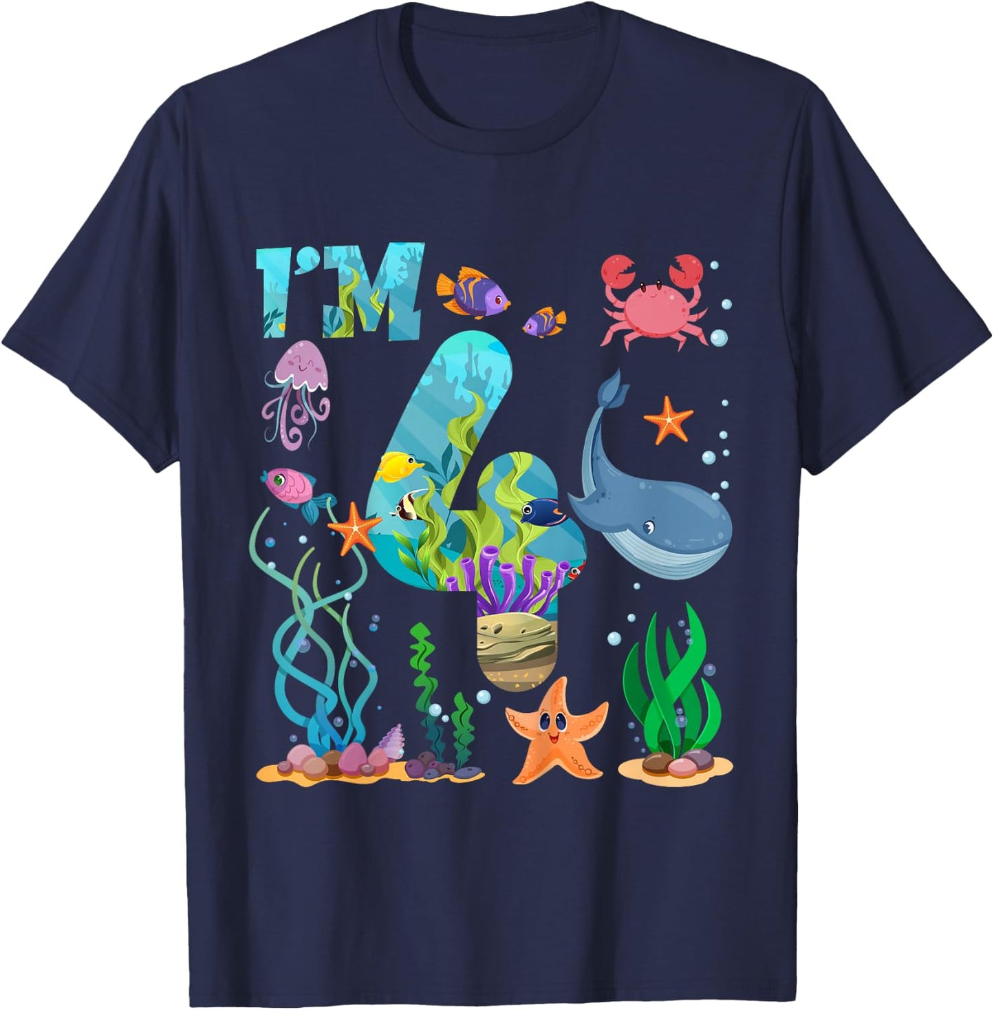 Kids 4 Year Old Boy Girl Sea Animals I'm Four 4th Birthday Kids T-Shirt - T-Shirt | Navy