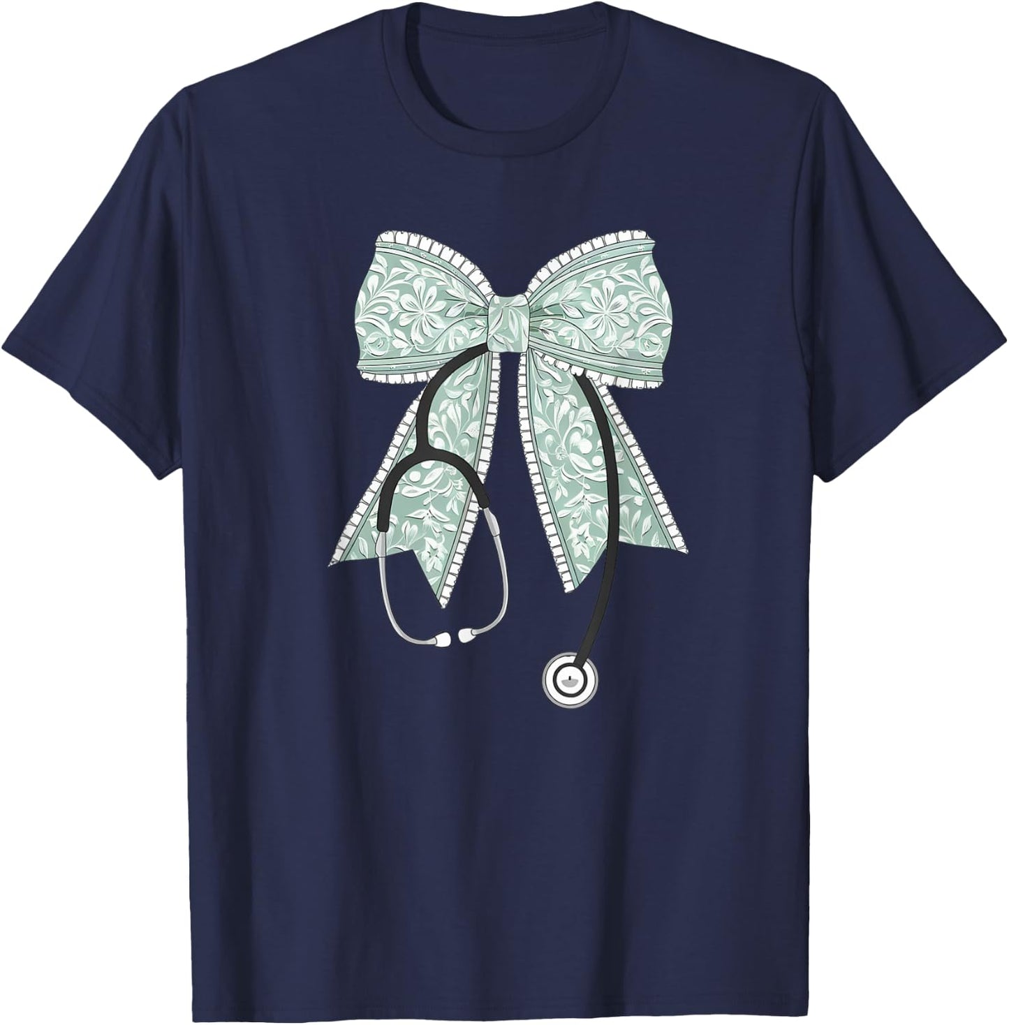 Nurse Doctor Coquette Bow Stethoscope Cute Nursing Ribbon T-Shirt - T-Shirt | Navy