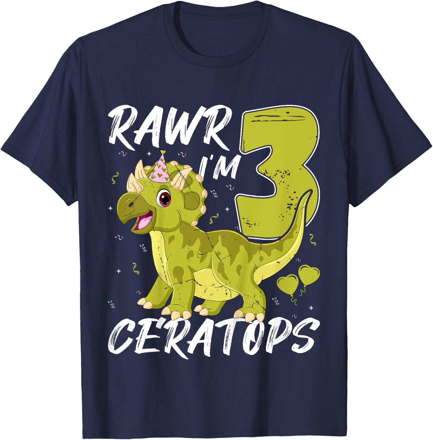 Rawr I Am Three Ceratops Dinosaur 3rd Birthday Party Kids T-Shirt - T-Shirt | Navy
