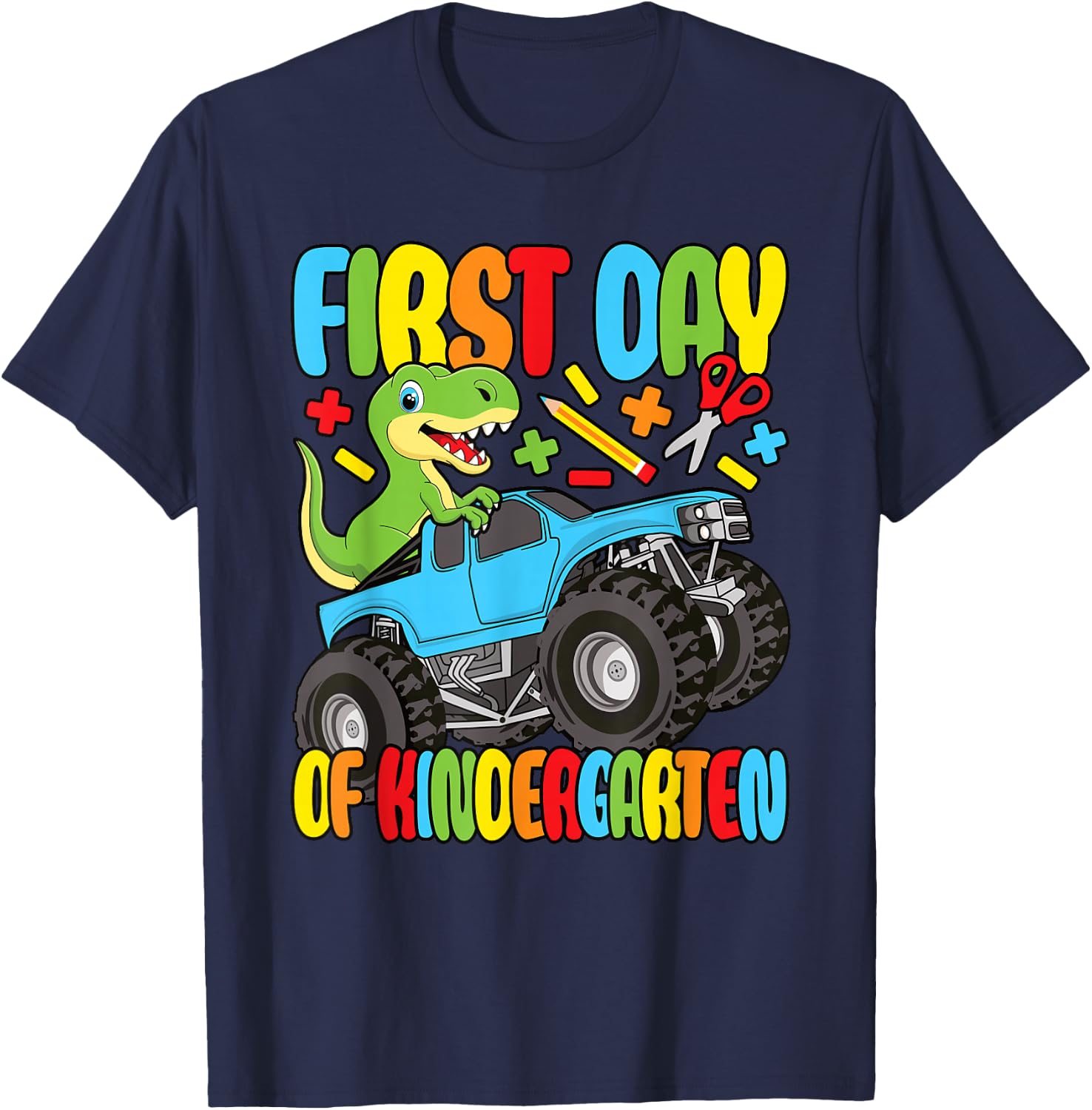 First Day Of Kindergarten Dinosaur Monster Truck Boys Kids T-Shirt - T-Shirt | Navy