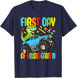 First Day Of Kindergarten Dinosaur Monster Truck Boys Kids T-Shirt - T-Shirt | Navy