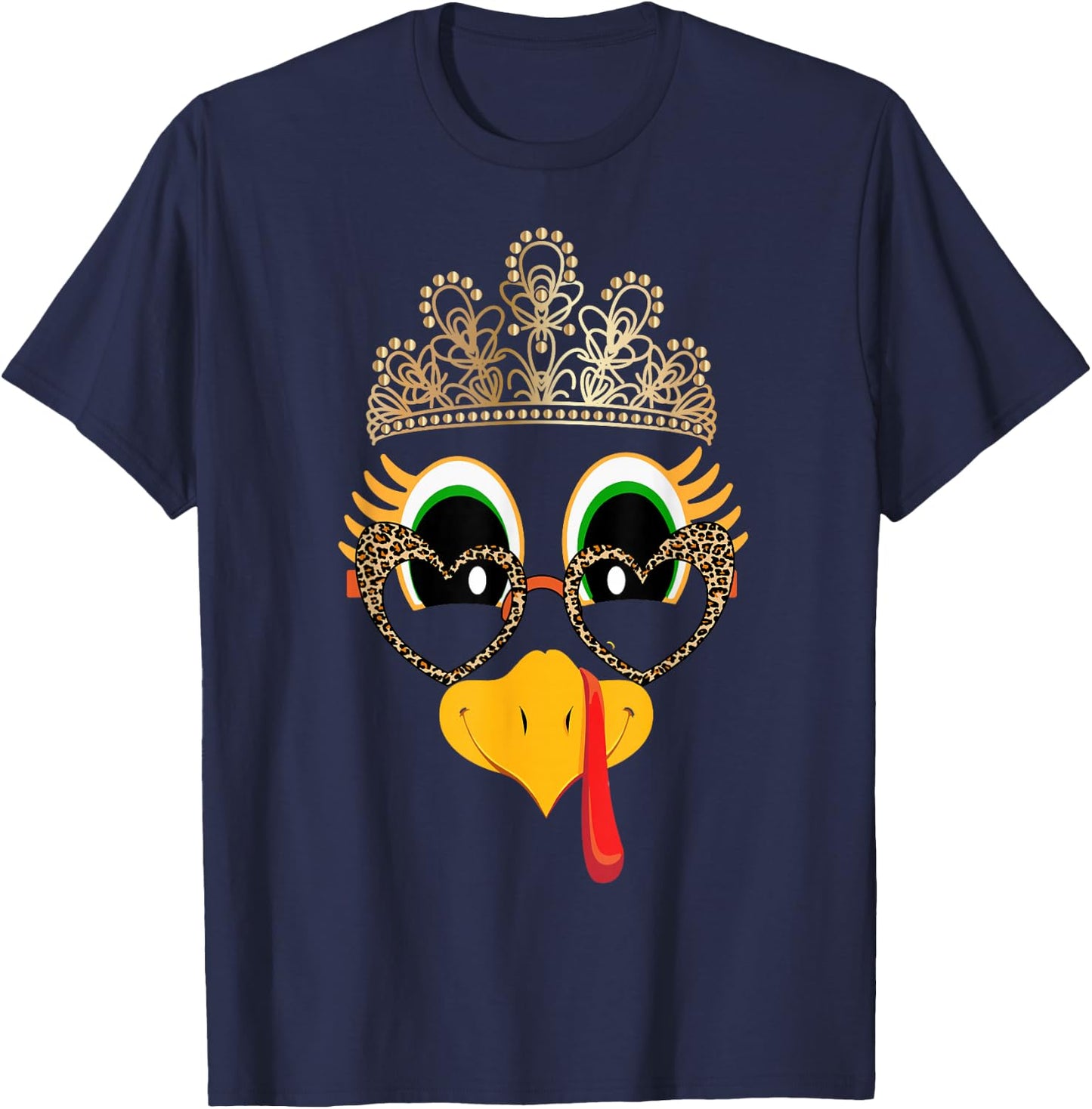 Turkey Face Girl Glasses Leopard With Crown Bow Thanksgiving T-Shirt - T-Shirt | Navy