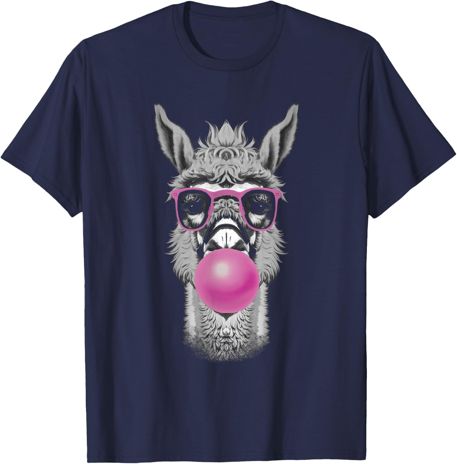Funny Bubblegum Llama Pink Glasses and Bubble Gum Pop T-Shirt - T-Shirt | Navy