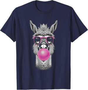 Funny Bubblegum Llama Pink Glasses and Bubble Gum Pop T-Shirt - T-Shirt | Navy