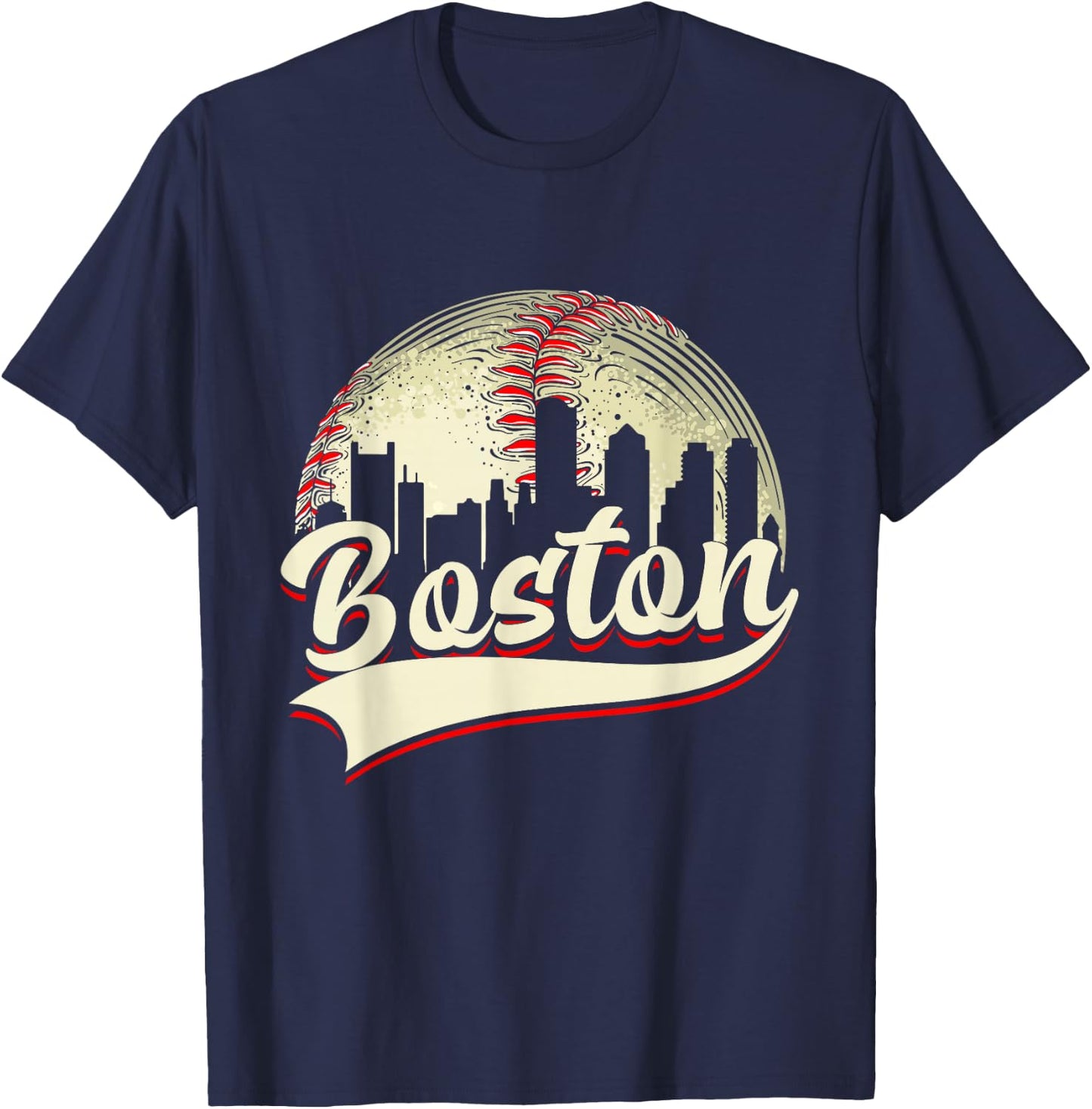 Boston Cityscape Graphic Baseball Lover Player and Fans T-Shirt - T-Shirt | Navy