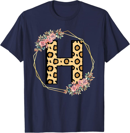 Leopard Letter H Initial Flower Monogram Women Girls T-Shirt - T-Shirt | Navy