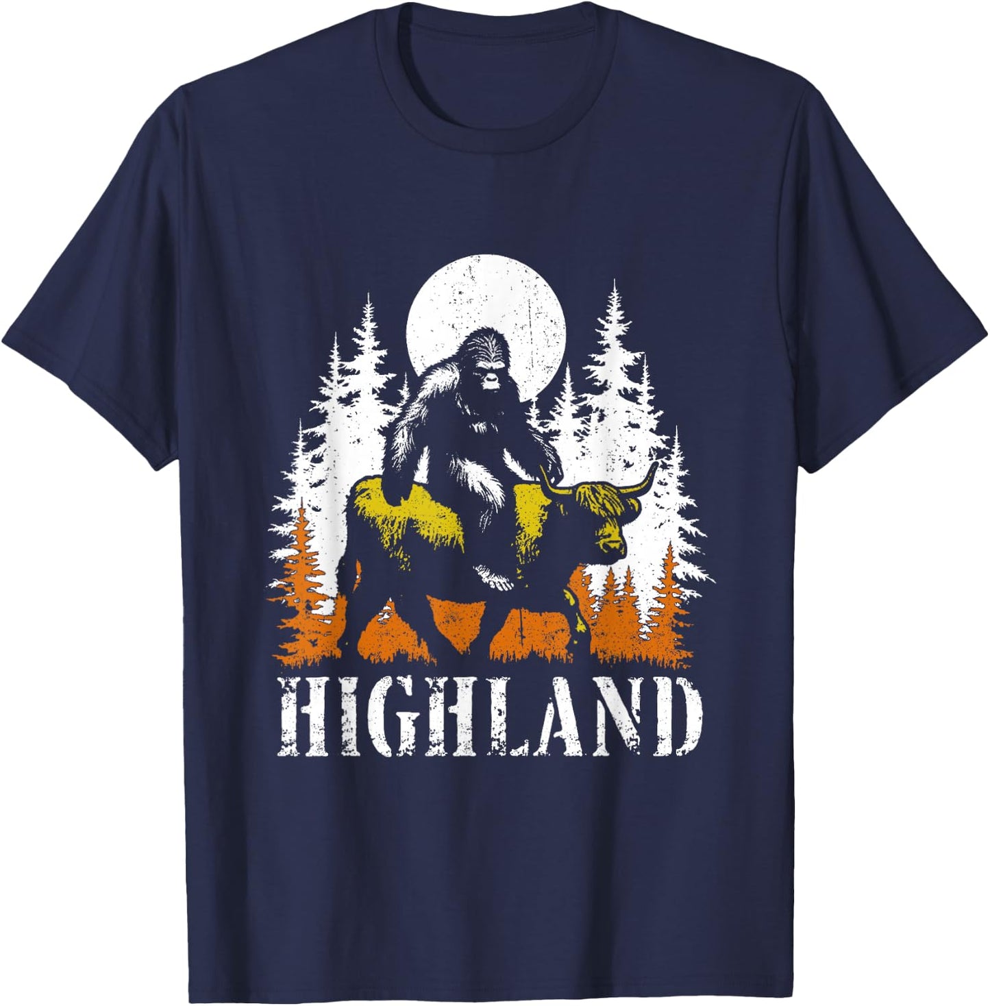 Bigfoot Riding Highland Cow - Funny Sasquatch Cow Lover T-Shirt - T-Shirt | Navy