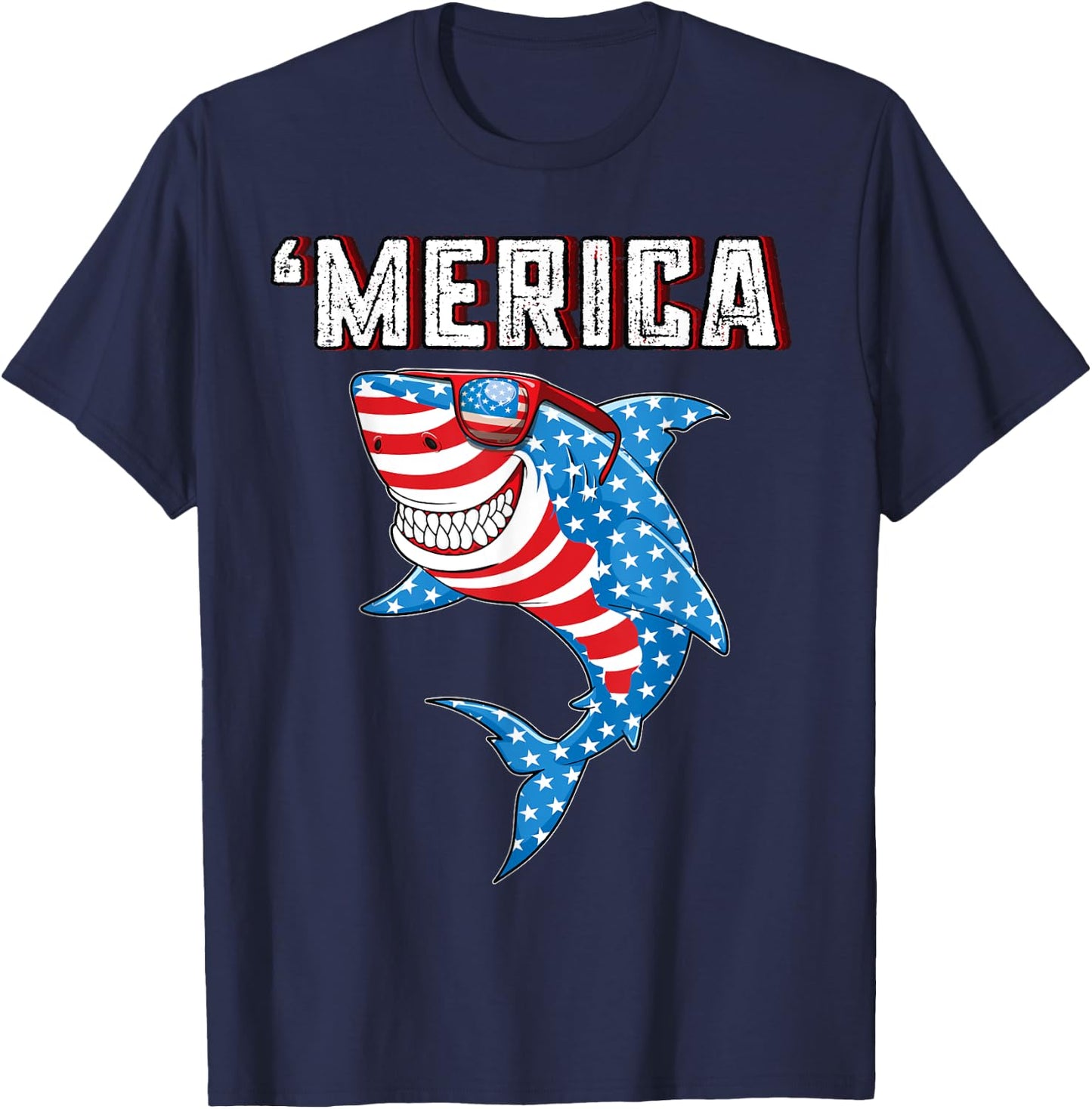 Merica American Flag Men Funny Boys Shark 4th of July T-Shirt - T-Shirt | Navy