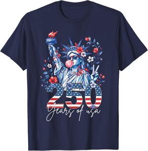 Statue of Liberty Bubble Gum USA 250 Years Floral 4th July T-Shirt - T-Shirt | Navy