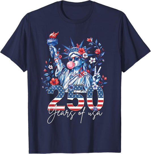 Statue of Liberty Bubble Gum USA 250 Years Floral 4th July T-Shirt - T-Shirt | Navy