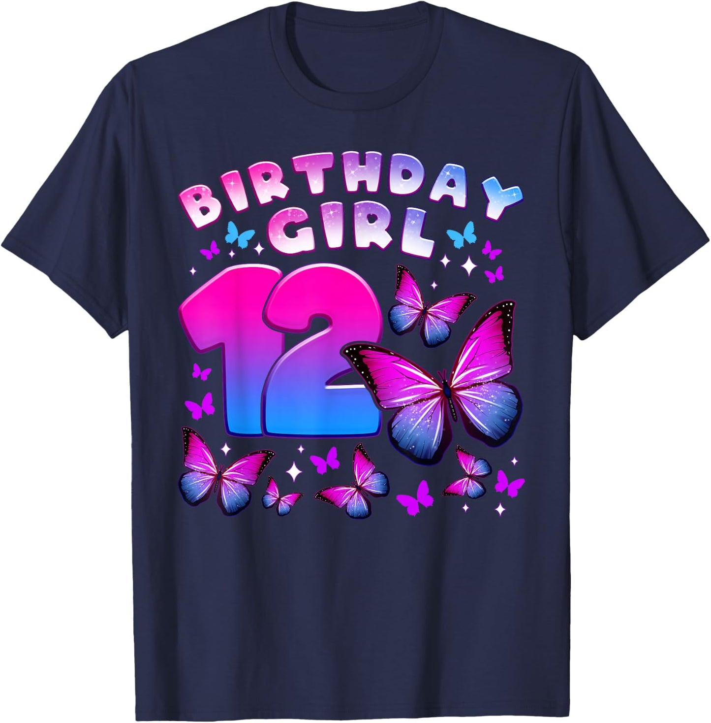 Birthday Girl 12 Years Old Butterfly Number 12 T-Shirt - T-Shirt | Navy