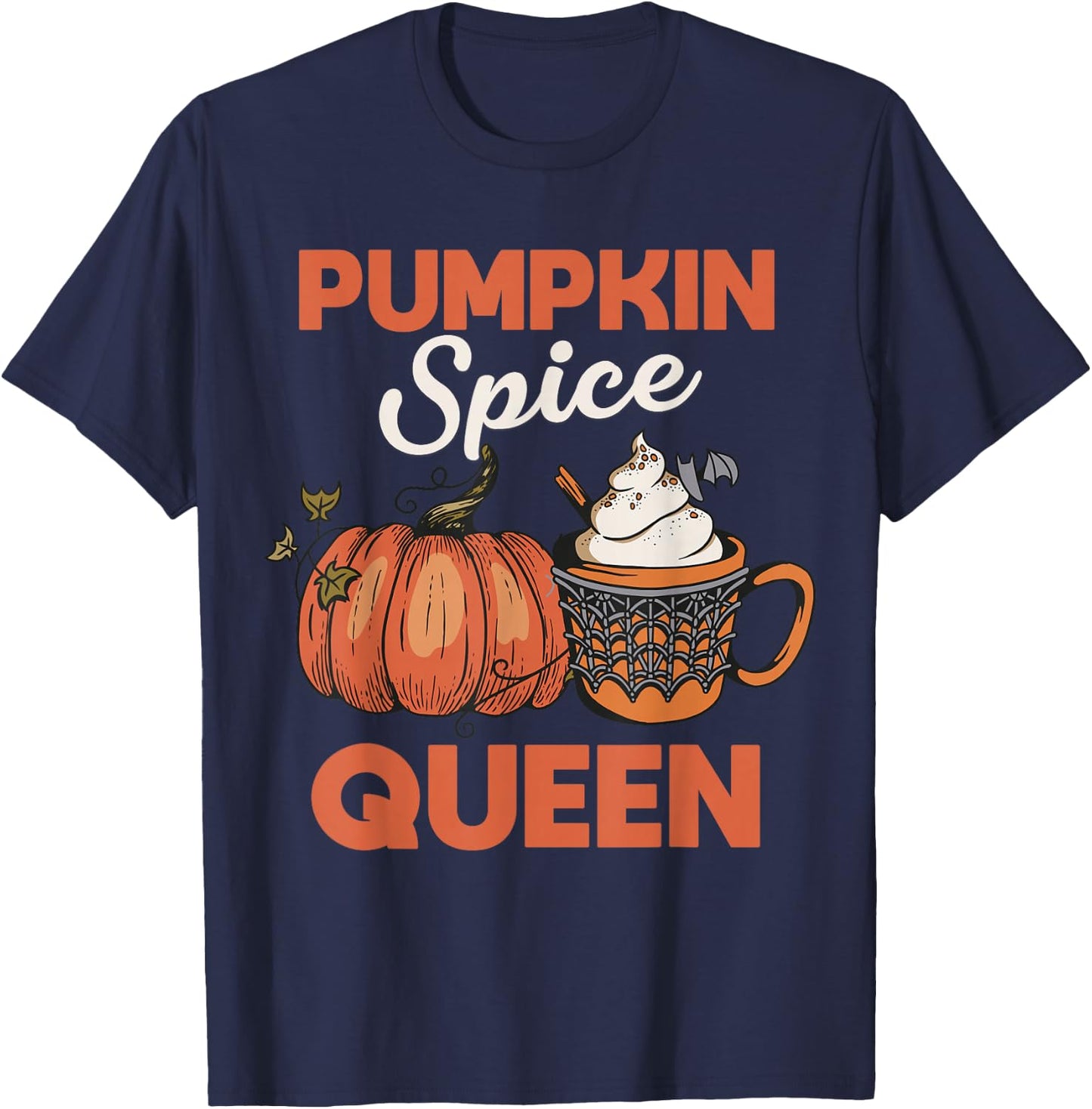 Pumpkin Spice Queen Coffee Pumpkin Web Spiders Halloween T-Shirt - T-Shirt | Navy