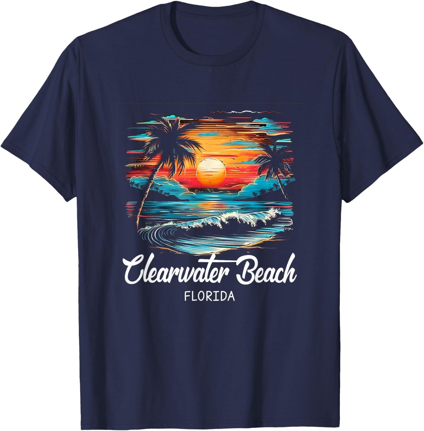 Family Vacation Retro Sunset Florida Clearwater Beach T-Shirt - T-Shirt | Navy