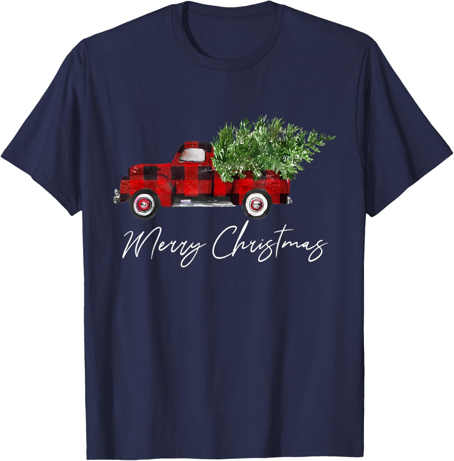 Red Buffalo Plaid Pickup Truck with Tree Merry Christmas T-Shirt - T-Shirt | Navy