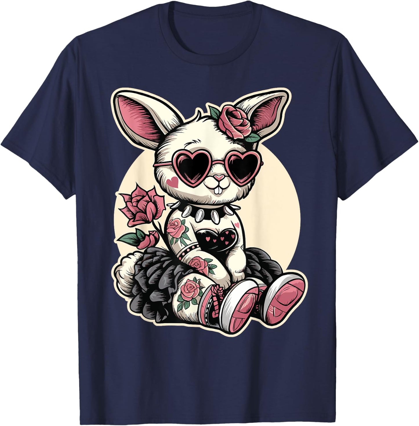 Gothic Kawaii Bunny with Heart Glasses T-Shirt - T-Shirt | Navy