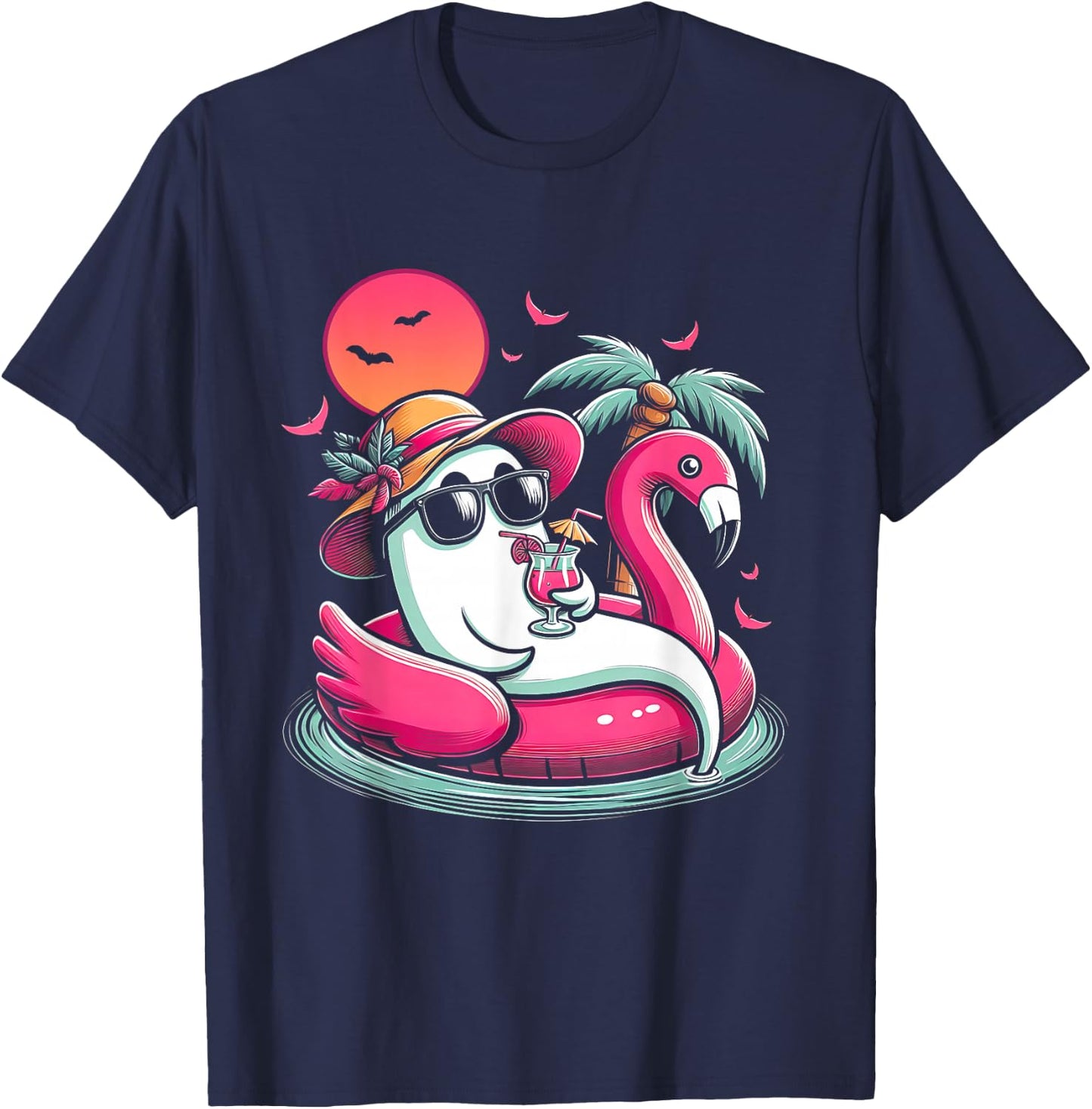 Ghost In Lifebuoy Flamingo On A Pool Float Summer ween T-Shirt - T-Shirt | Navy