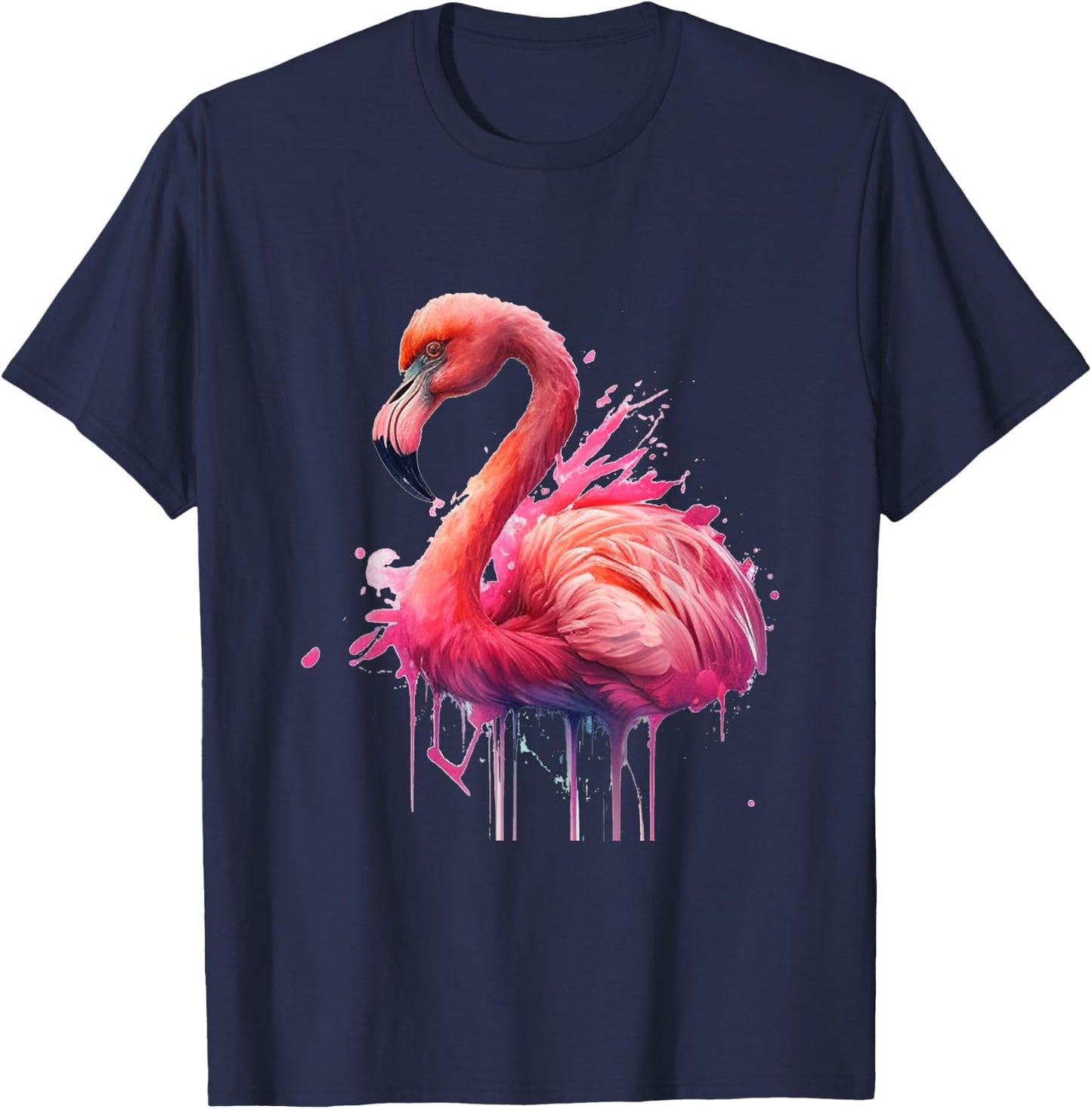 Flamingo Watercolour Splash Drips Pretty Animal Painting Bird , black T-Shirt - T-Shirt | Navy