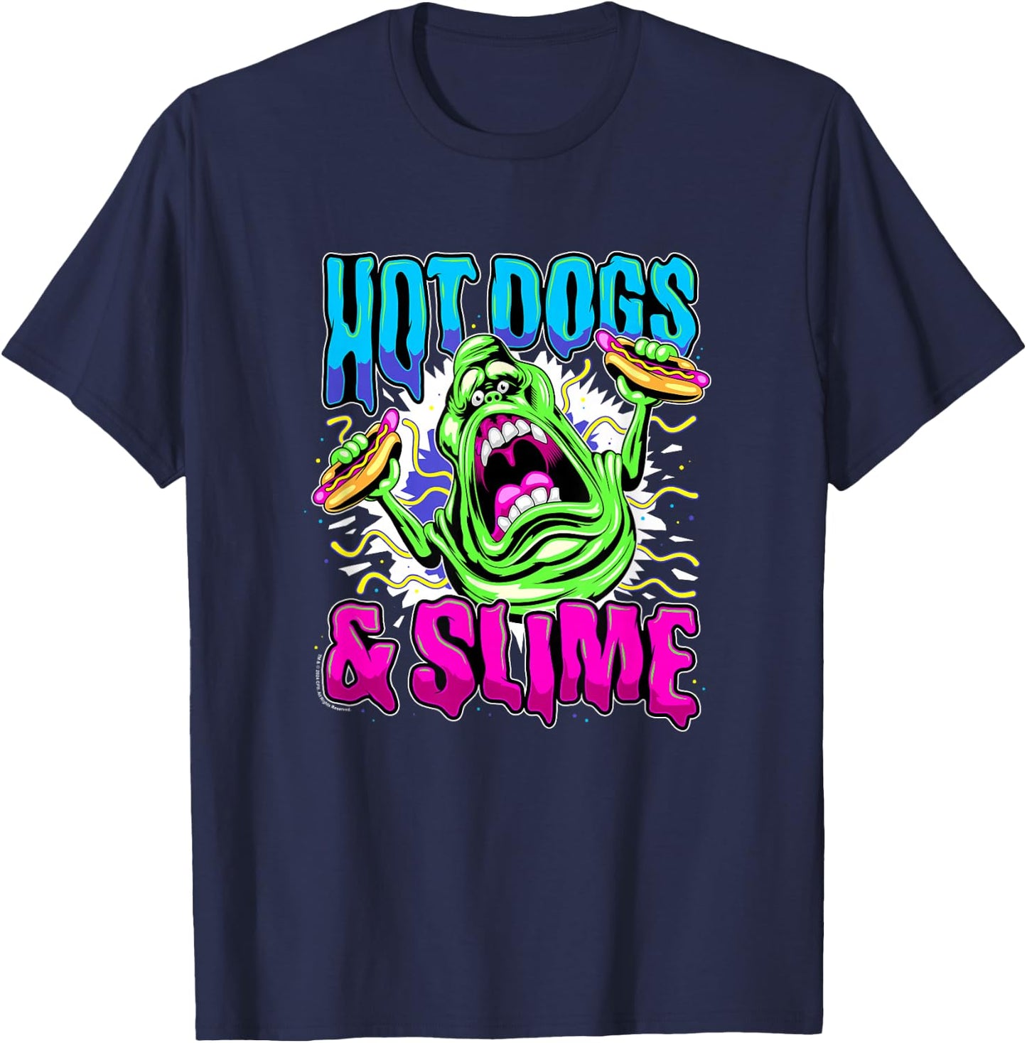 Ghostbusters Vintage Slimer Retro Hot Dogs & Slime Logo - Erwachsene und Kinder - Schwarz - S T-Shirt - T-Shirt | Navy