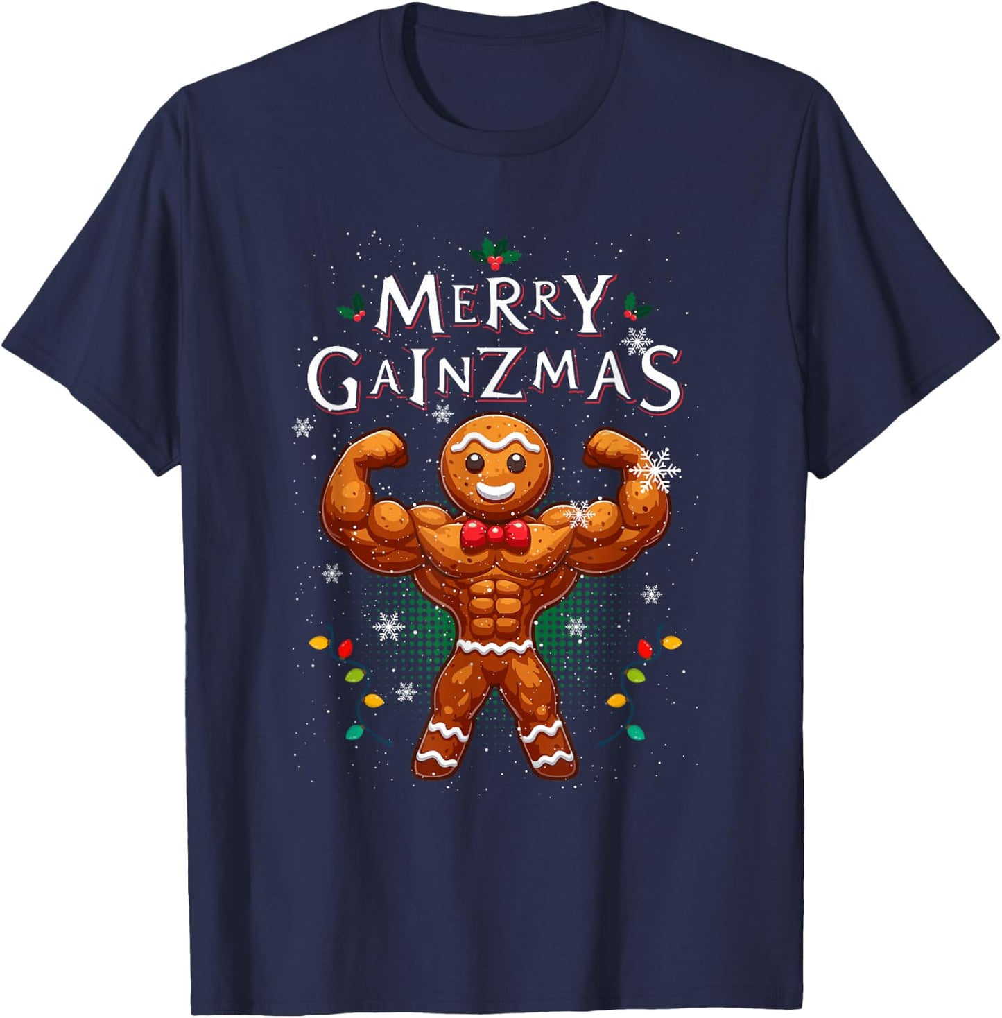 Happy Gainzmas Bodybuilder Gingerbread Man Fit Gym , Black, S T-Shirt - T-Shirt | Navy
