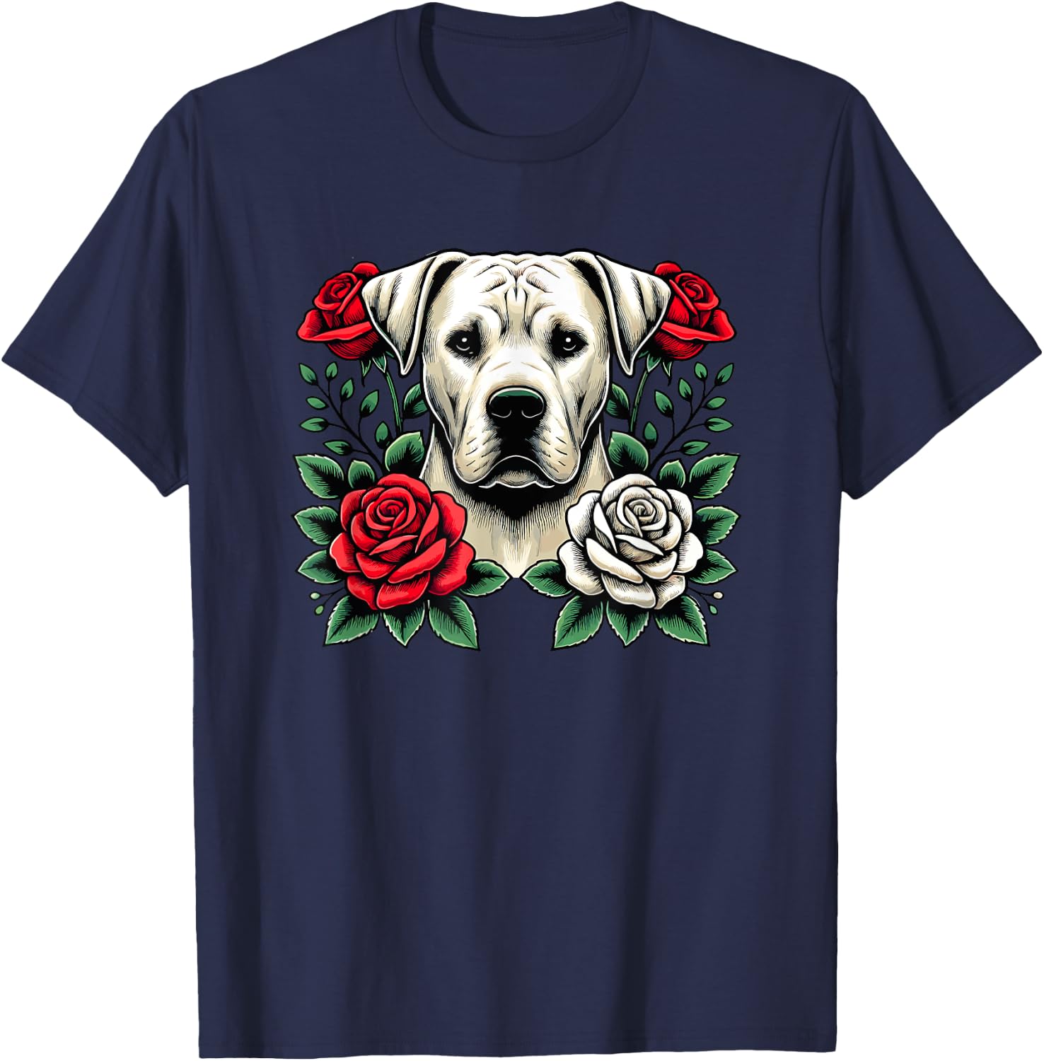 Roses Flowers Dogo Argentino T-Shirt - T-Shirt | Navy