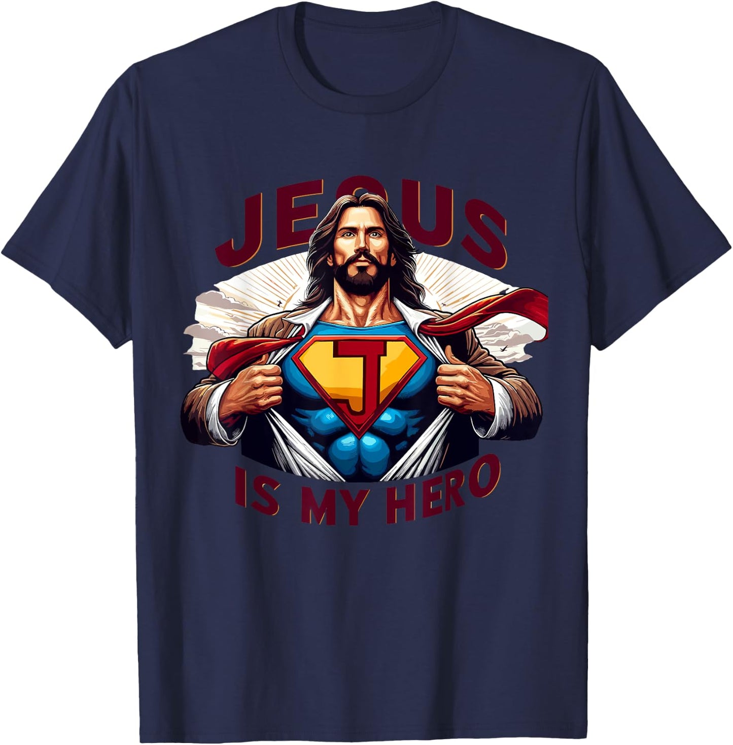 Jesus Is My Superhero Religious Christian Catholic Rizzen , Small, Black T-Shirt - T-Shirt | Navy