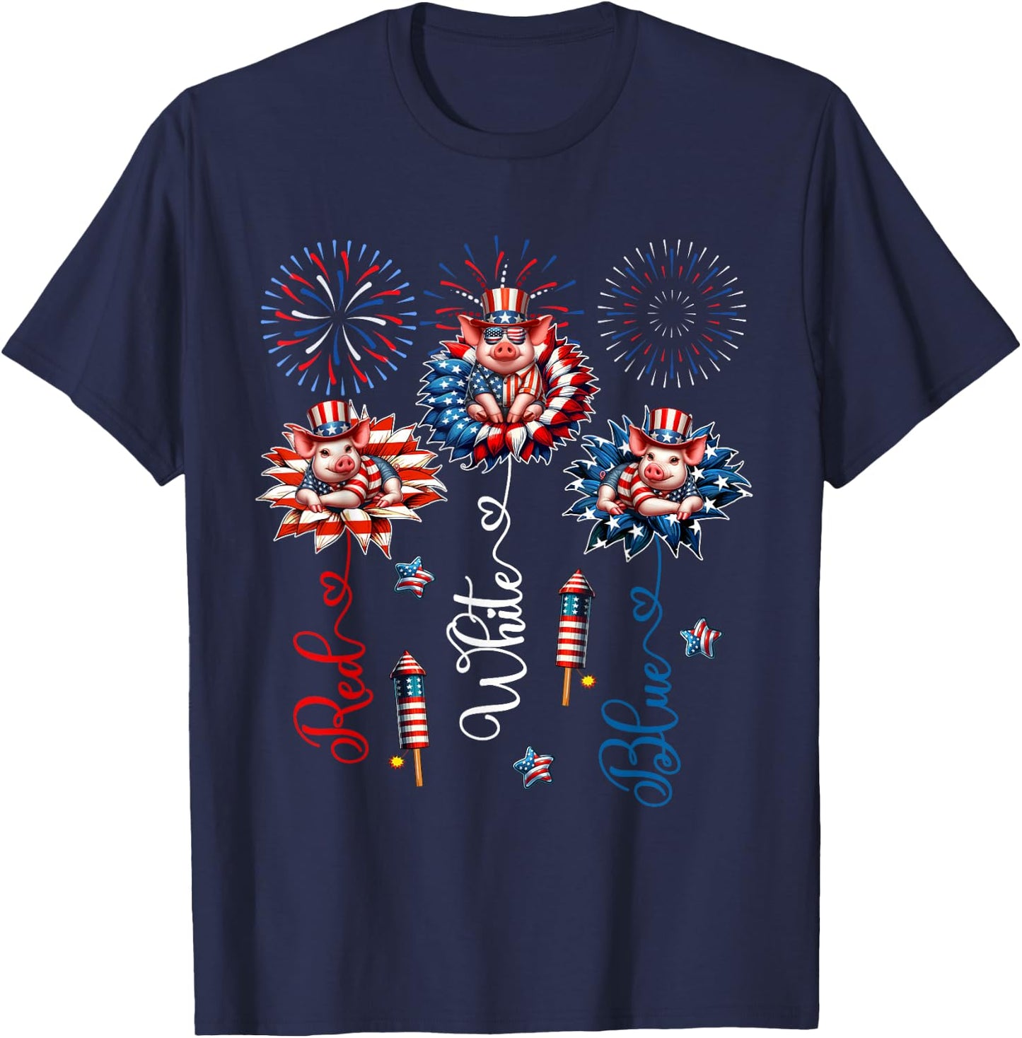 Red Blue White Three Cute Pigs On Floral 4th July Patriotic T-Shirt - T-Shirt | Navy