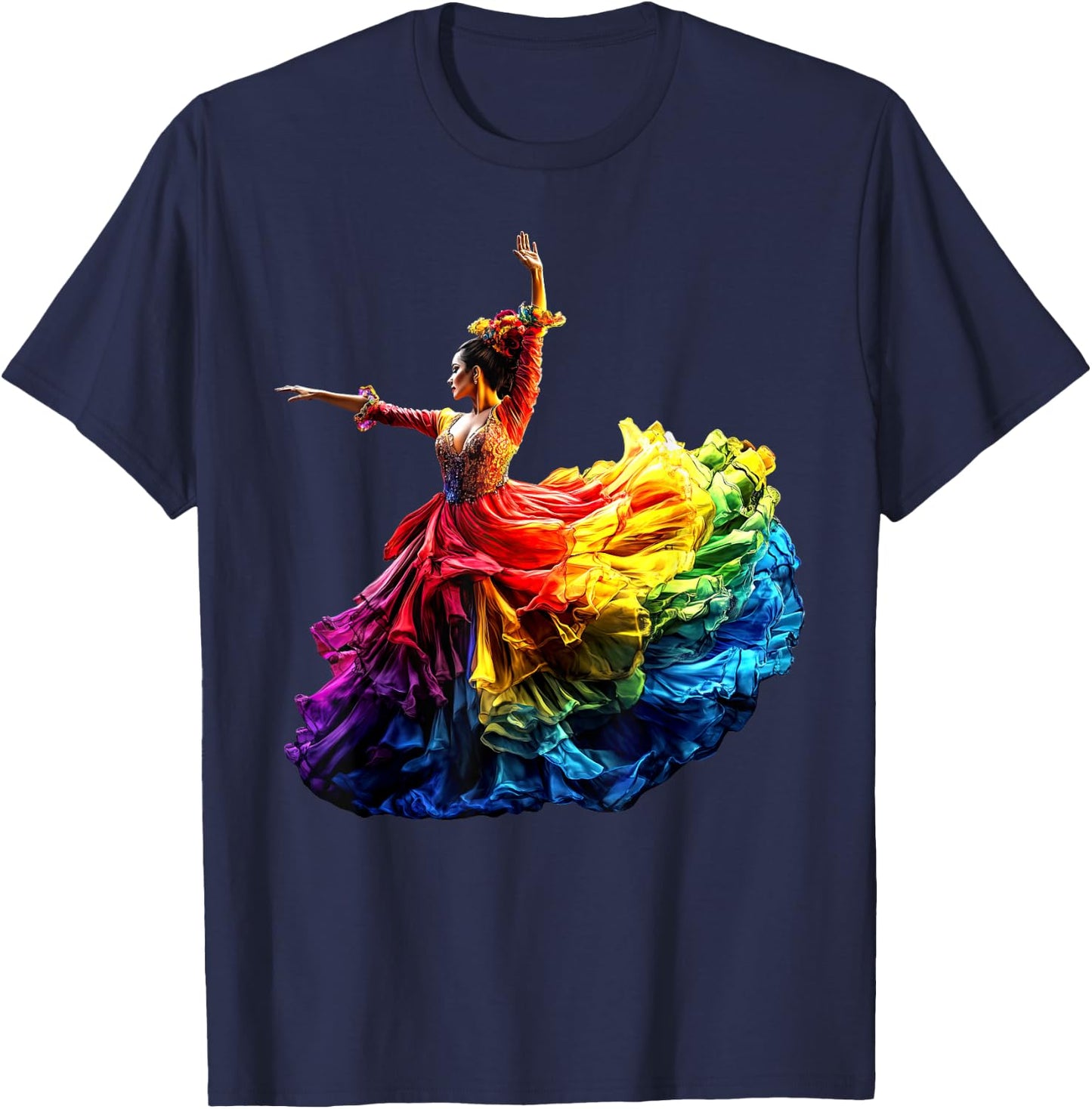 Flamenco Dancer Dress Colorful Rainbow Flamenco , Black, S T-Shirt - T-Shirt | Navy