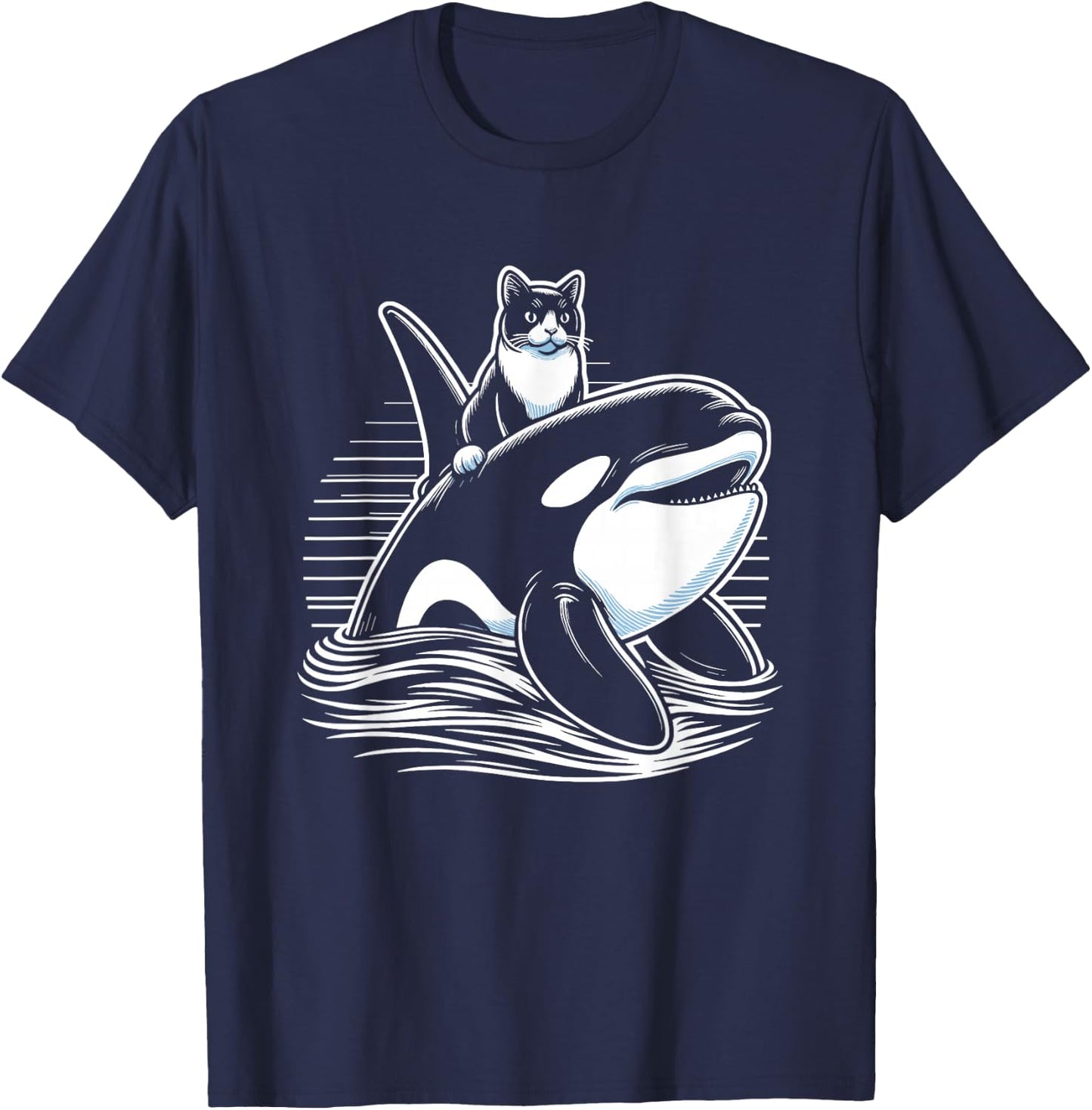 Cat Riding Orca Whale Funny T-Shirt - T-Shirt | Navy