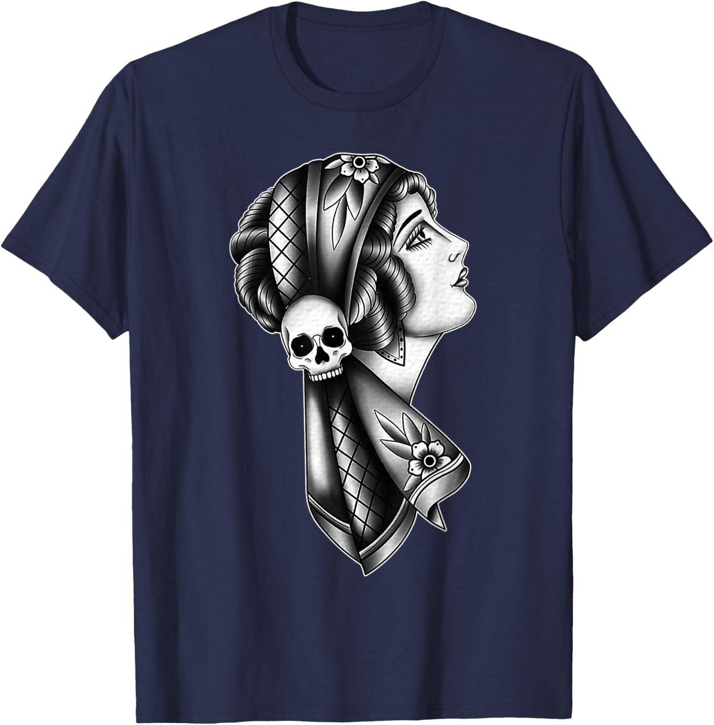 Gypsy Woman Skull American Traditional Tattoo Flash T-Shirt - T-Shirt | Navy