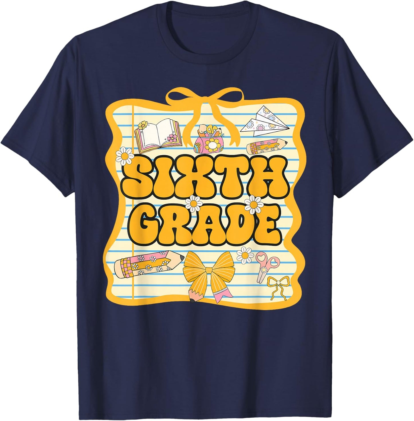 Sixth Grade Back To School Kids Girls Bow 6th Grade Groovy T-Shirt - T-Shirt | Navy