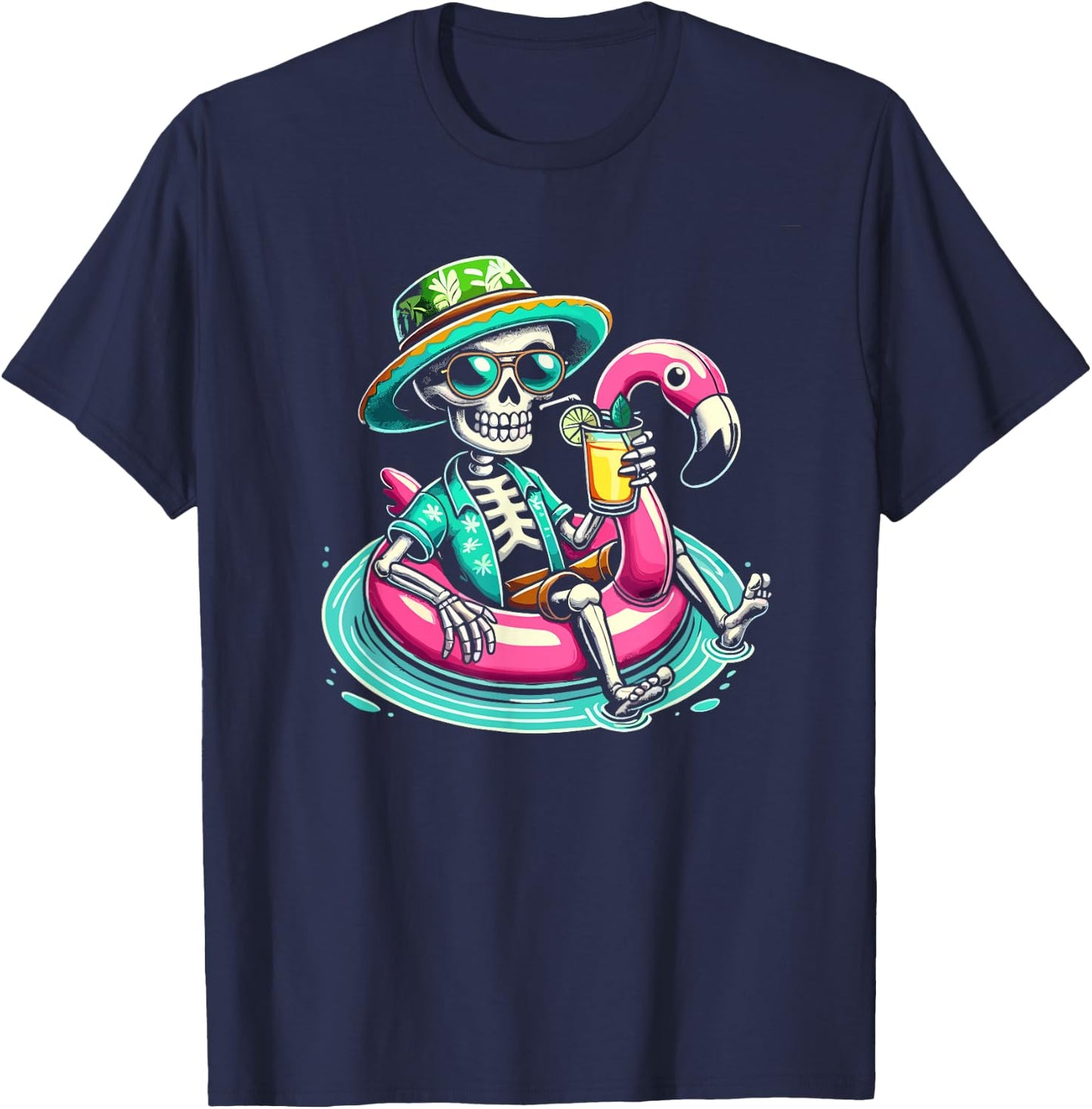 Skeleton Relaxing On Flamingo Float Beach Vibes Halloween Women Kids T-Shirt - T-Shirt | Navy