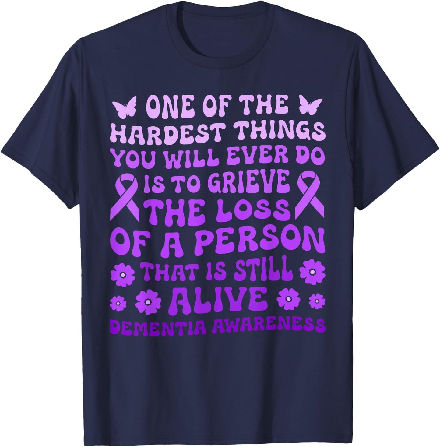 Dementia Alzheimer's Awareness Women Purple Flower Butterfly T-Shirt - T-Shirt | Navy