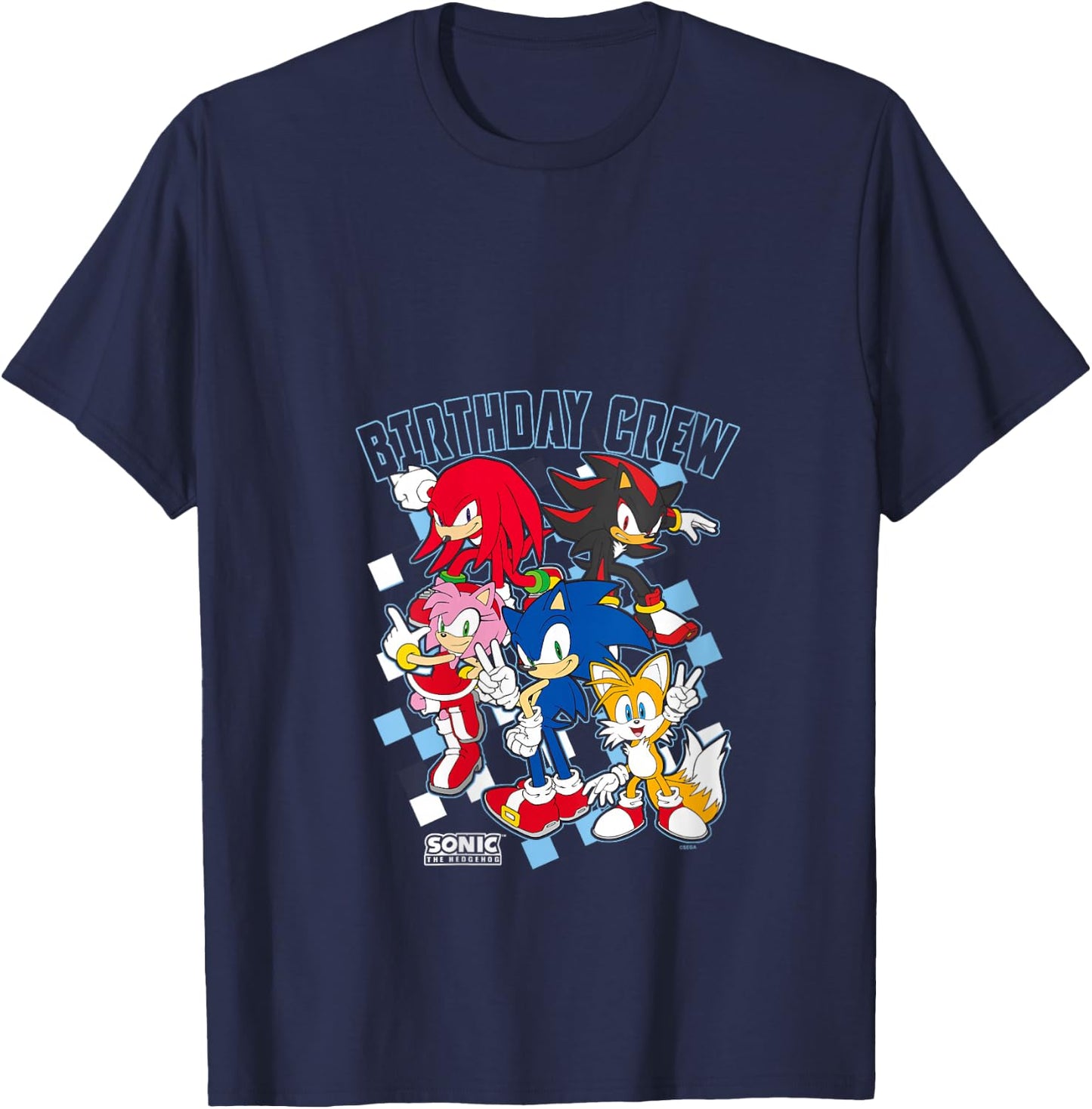 Sonic The Hedgehog Birthday Cre Group Shot Big Chest Logo V-Neck T-Shirt - T-Shirt | Navy