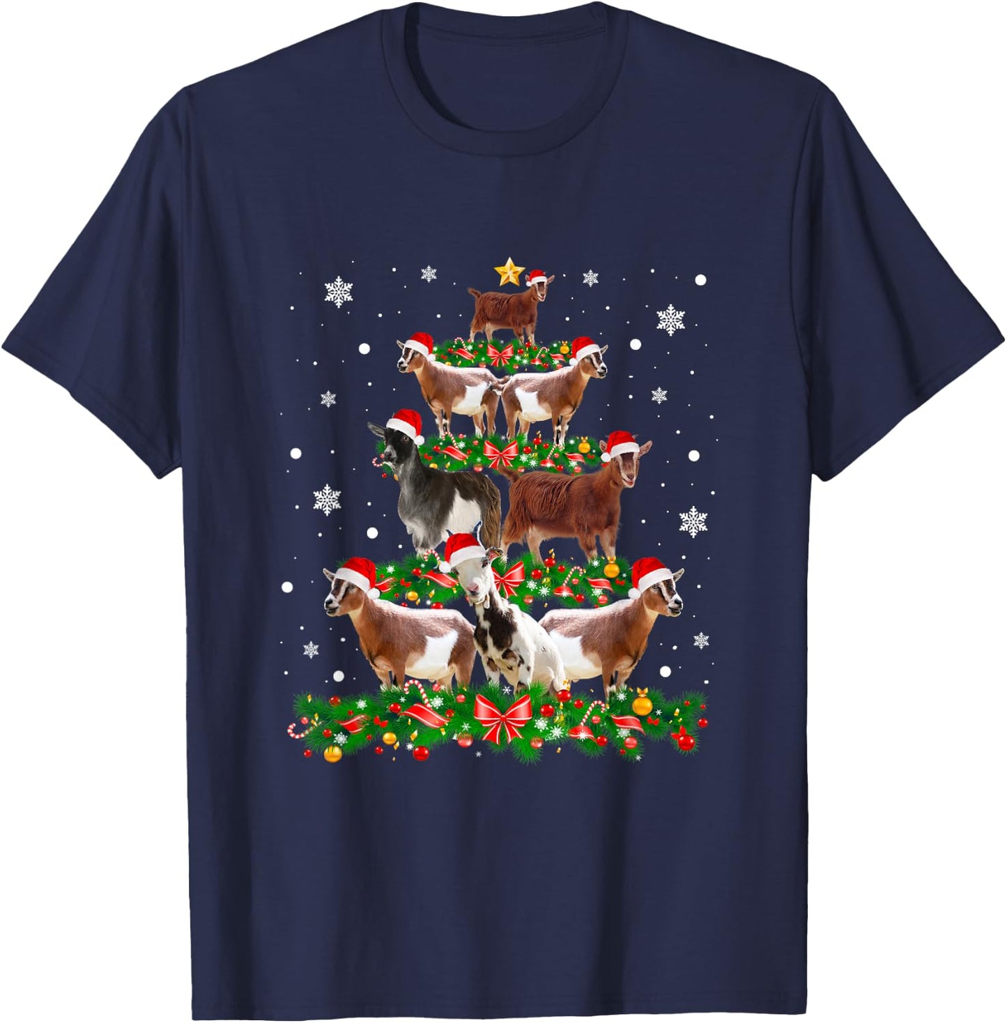 Goat Christmas Pajama Shirt Xmas Goats Tree Lights Santa Hat T-Shirt - T-Shirt | Navy