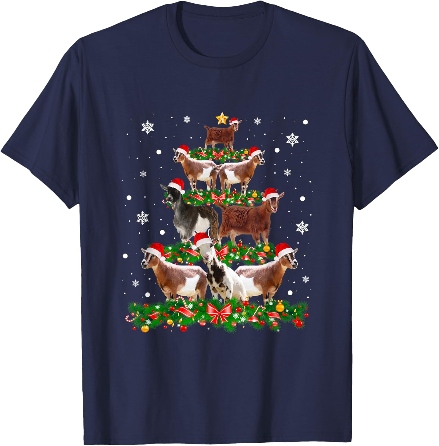 Goat Christmas Pajama Shirt Xmas Goats Tree Lights Santa Hat T-Shirt - T-Shirt | Navy