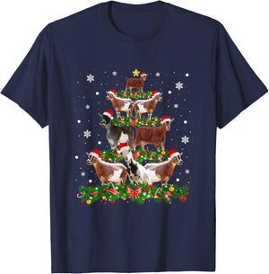 Goat Christmas Pajama Shirt Xmas Goats Tree Lights Santa Hat T-Shirt - T-Shirt | Navy