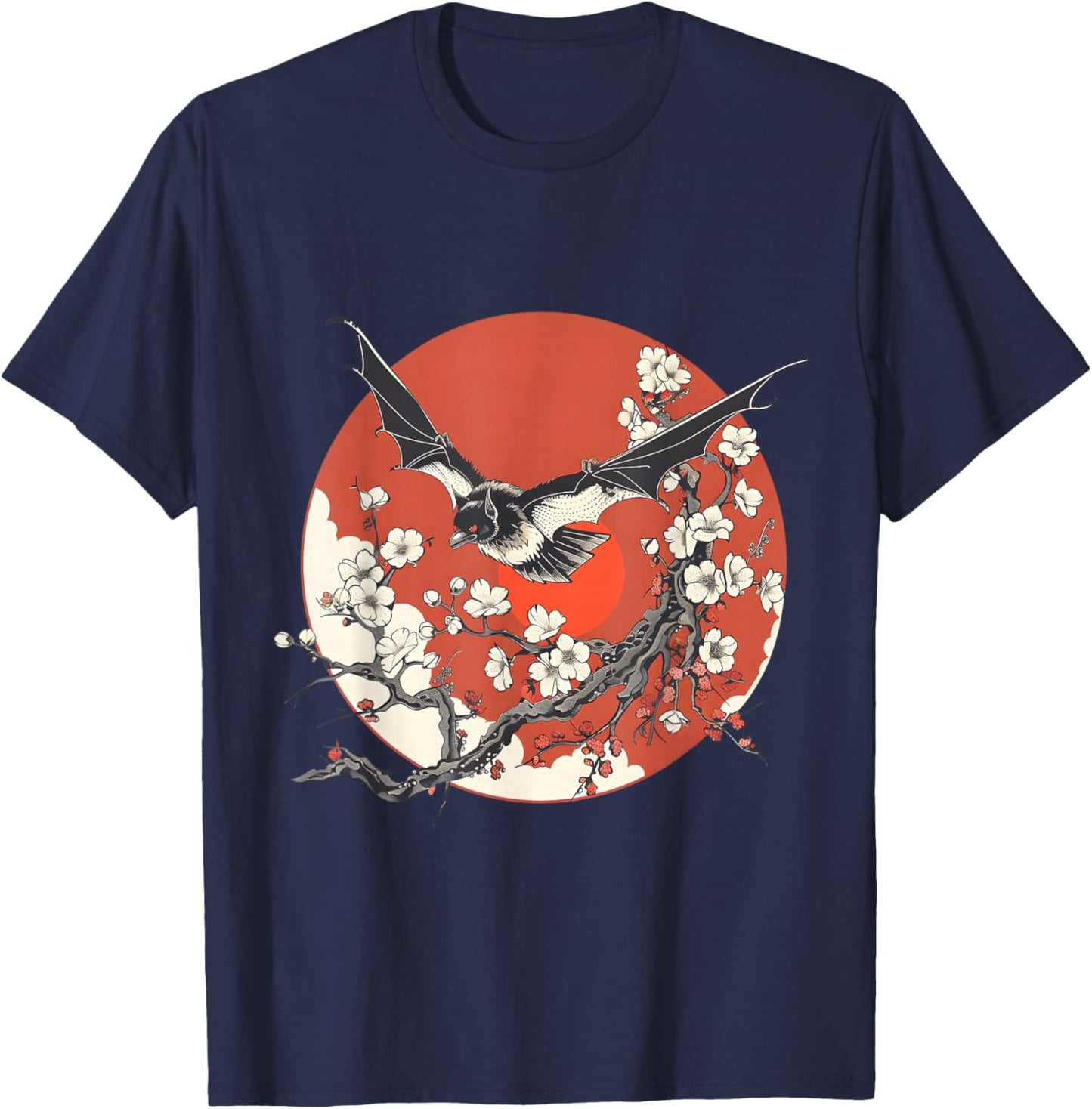 Japanese Cherry Blossom Aesthetic Bat T-Shirt - T-Shirt | Navy