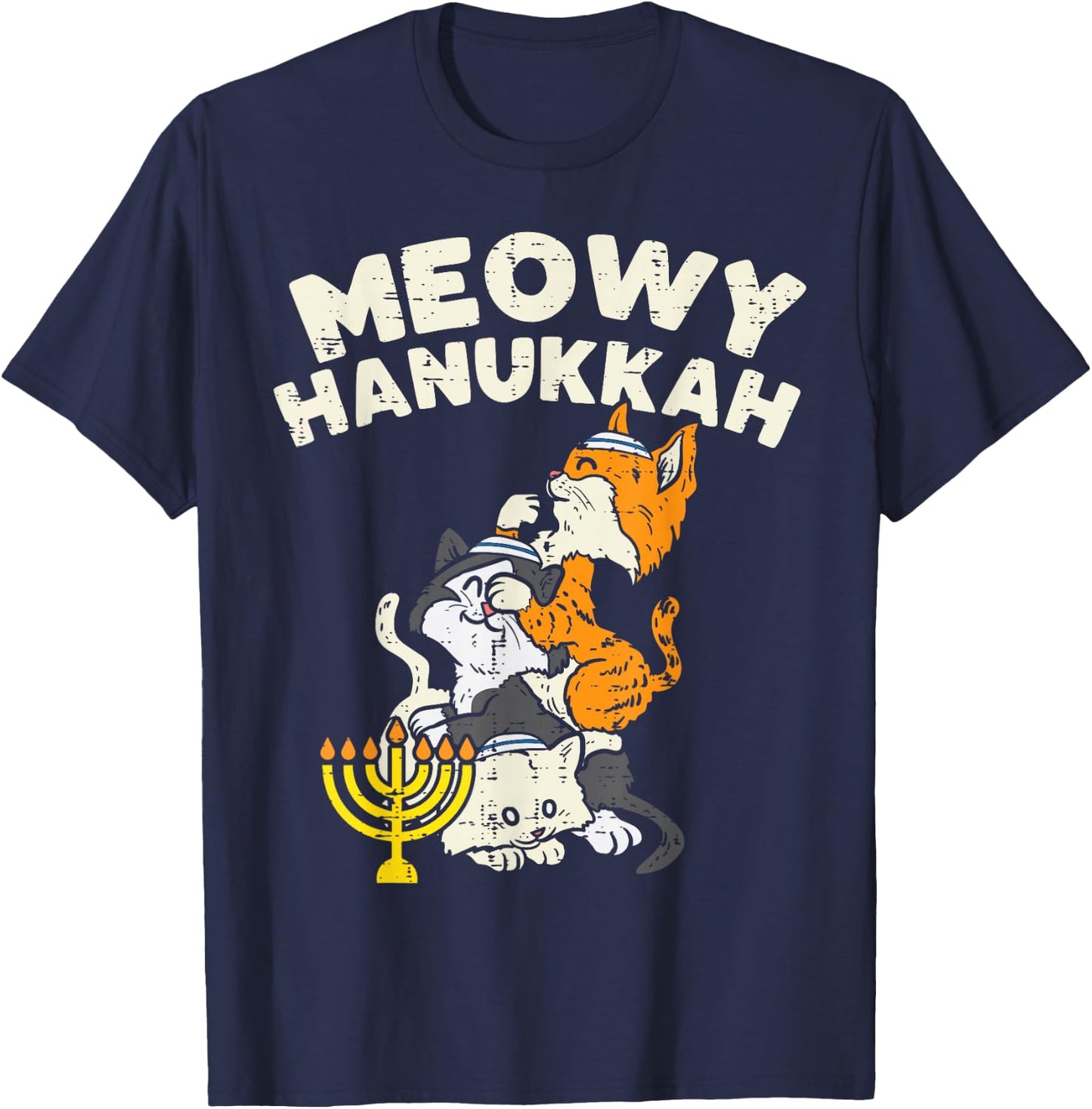 Meowy Hanukkah Cats Kitten Cute Hanukkah Pajamas Chanukah PJ T-Shirt - T-Shirt | Navy