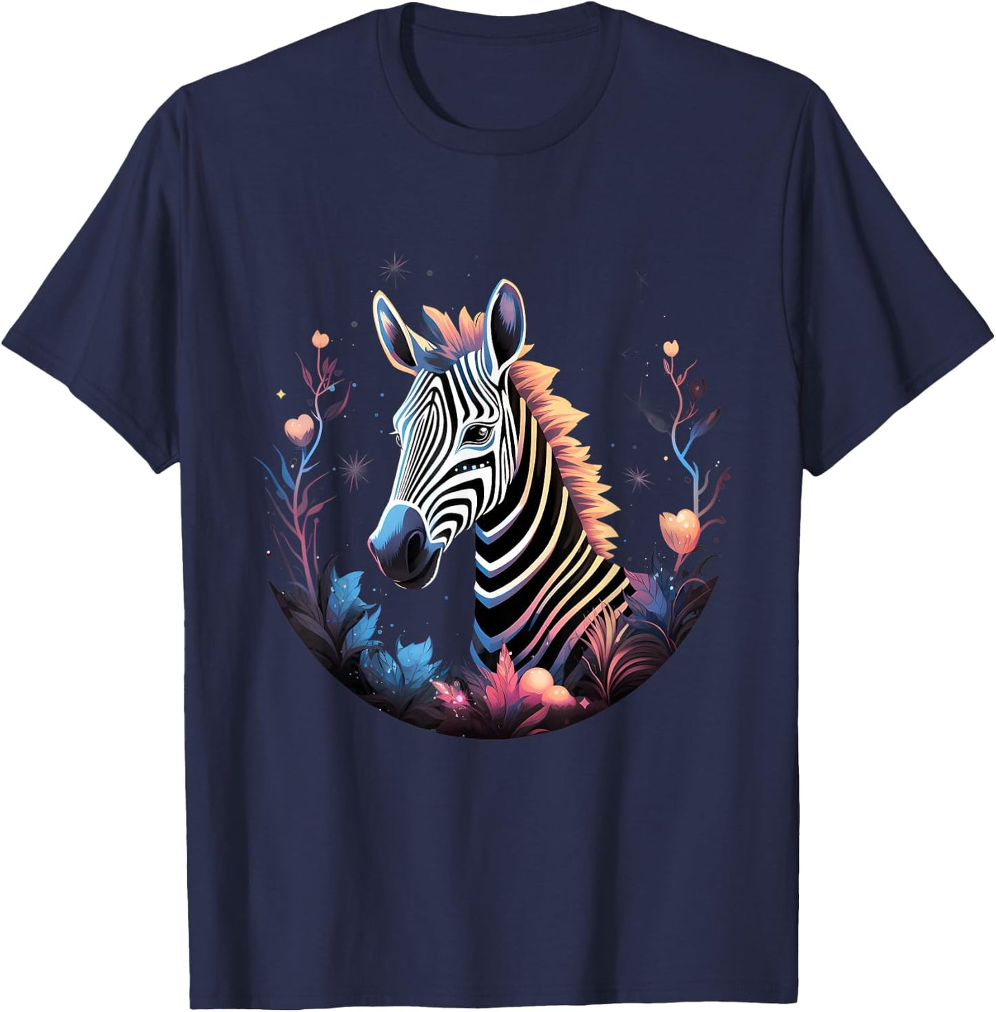 Zebra Floral Portrait African Animal Lovers Wildlife Safari T-Shirt - T-Shirt | Navy
