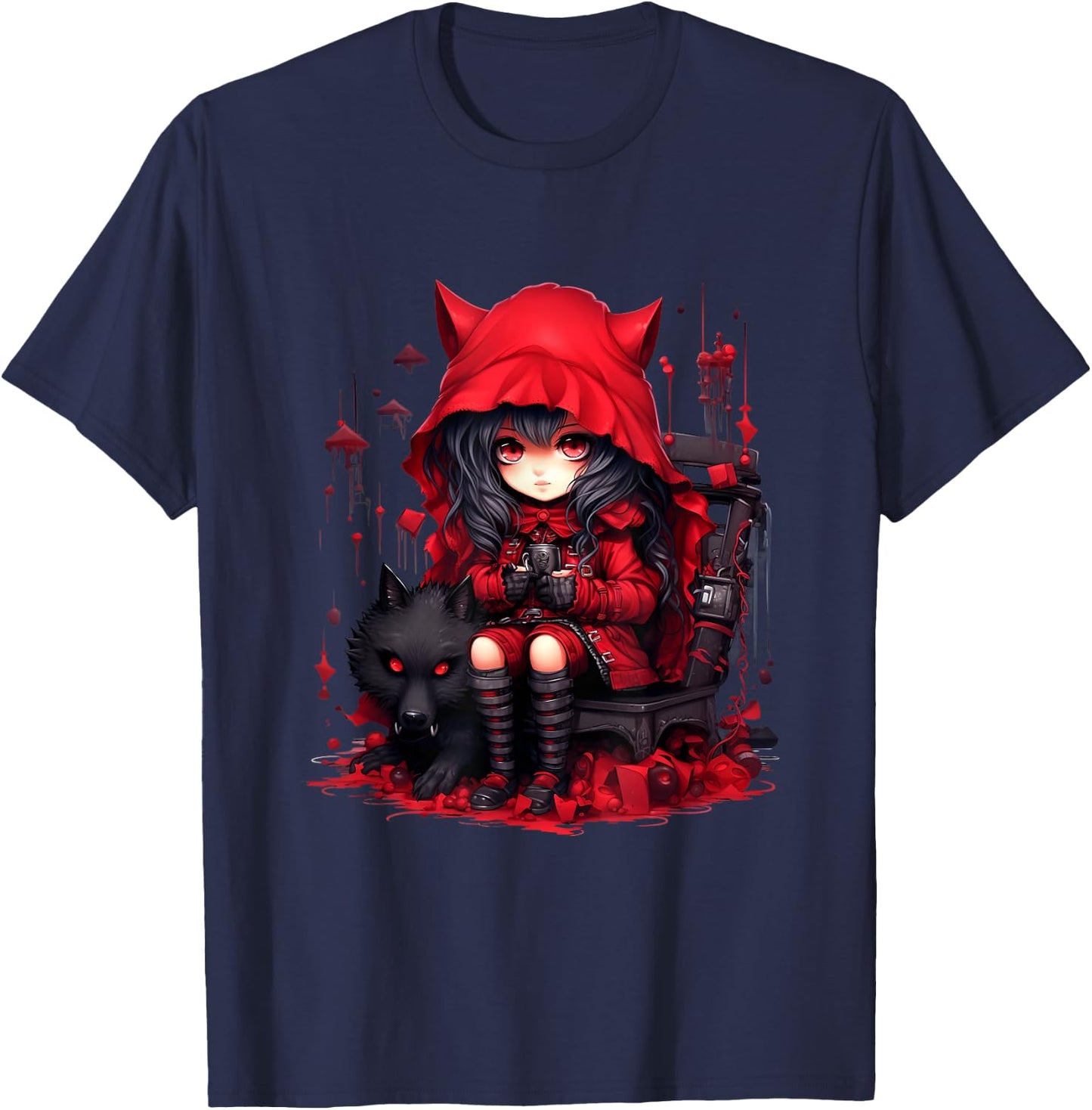 Chibi Little Red Riding Hood and Bad Wolf | Anime Kawaii Style , Black T-Shirt - T-Shirt | Navy