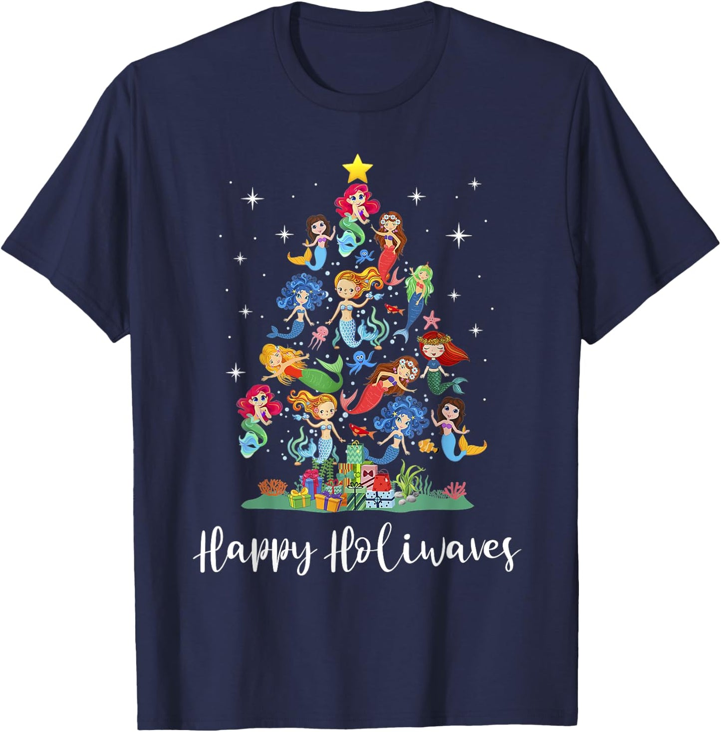Mermaid Christmas Tree Happy Holiwaves Mermaid Lover Women T-Shirt - T-Shirt | Navy