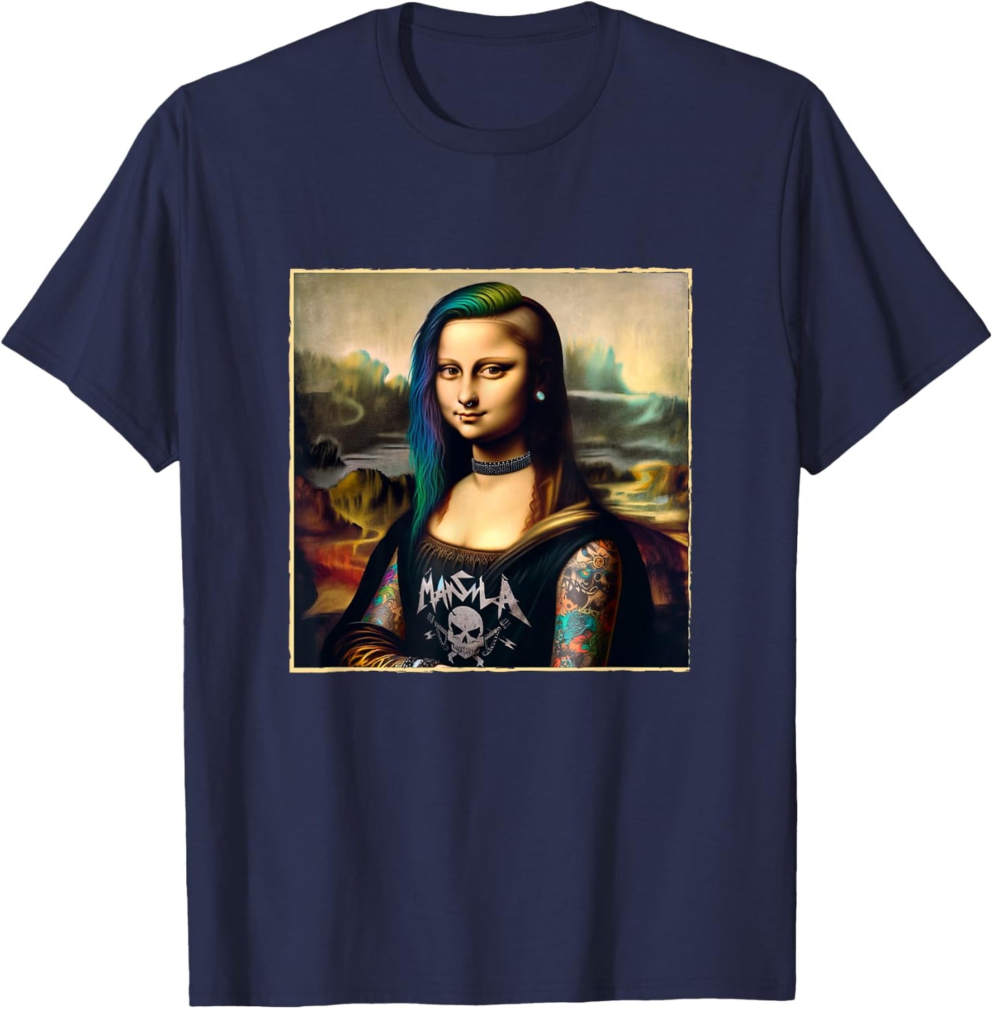 Graphic Design Metalcore Mona Lisa Bold Deathcore Vocalist , Black, S T-Shirt - T-Shirt | Navy