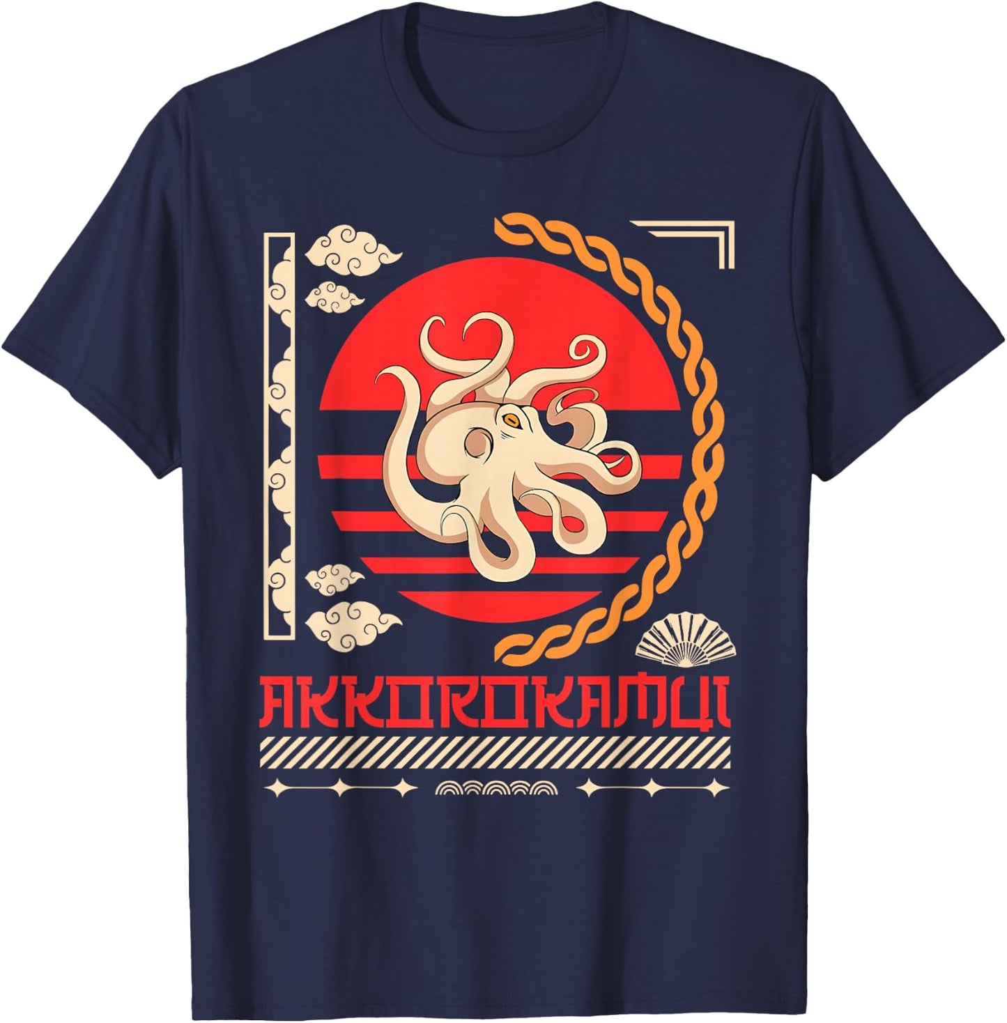 Japanese Mordern Vintage Graphical Octopus Art Men Women T-Shirt - T-Shirt | Navy