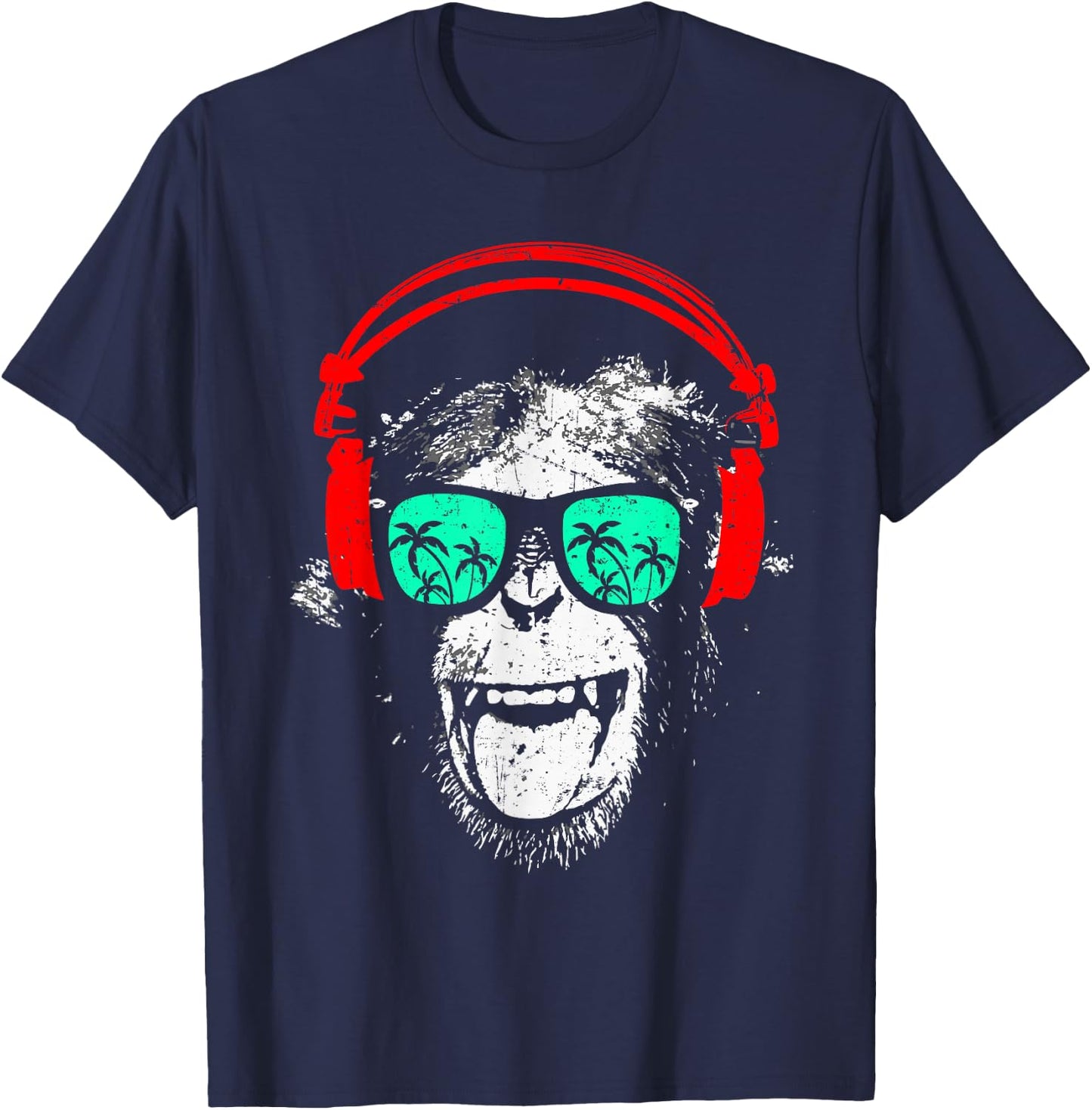 Monkey DJ with Headphones and Sunglasses Gift , black T-Shirt - T-Shirt | Navy