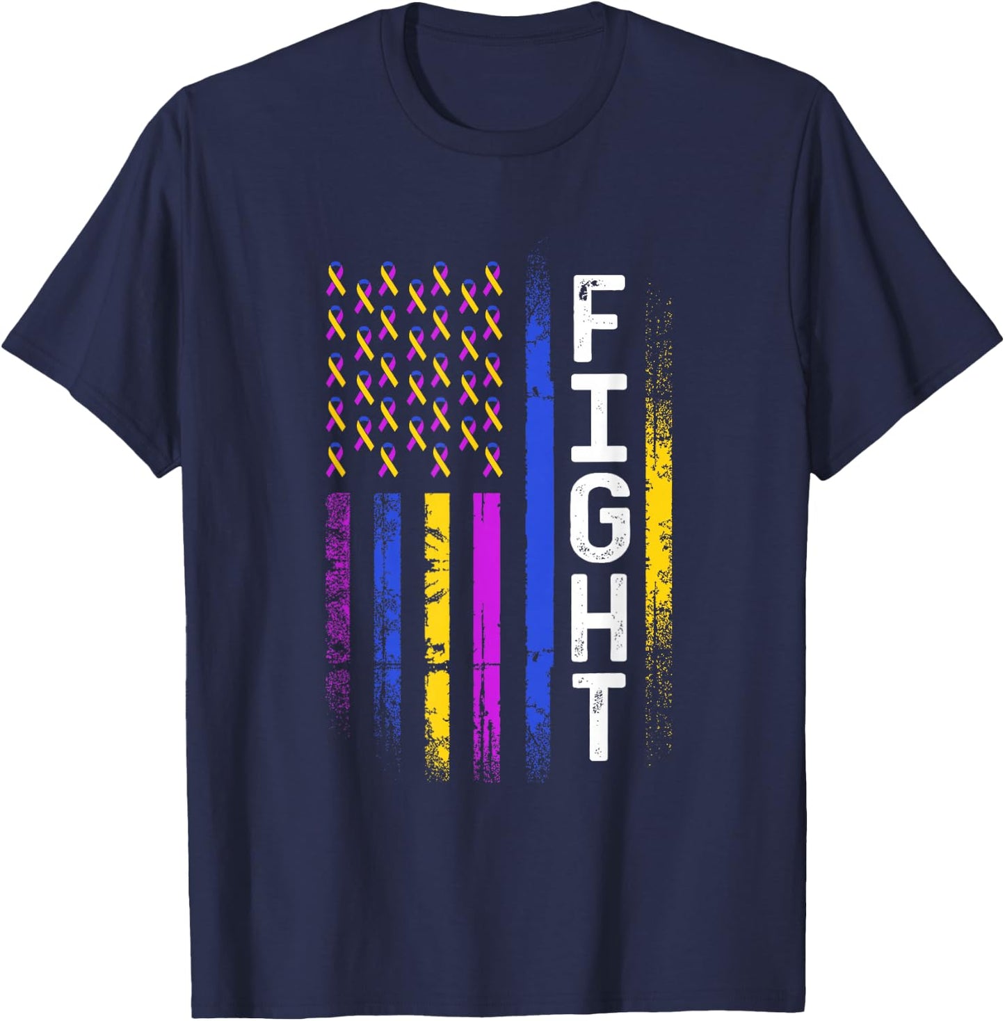 Bladder Cancer Flag Purple Yellow Blue Ribbon Awareness T-Shirt - T-Shirt | Navy