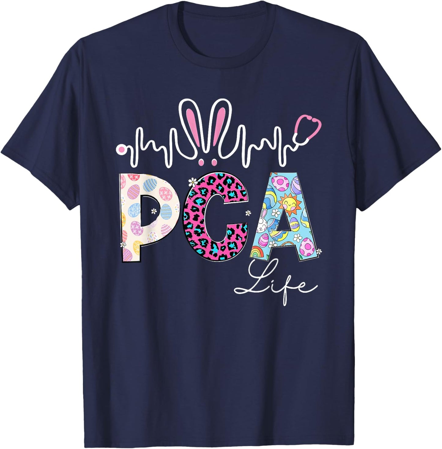 PCA Life Stethoscope Leopard Cute Easter Bunny Easter Day T-Shirt - T-Shirt | Navy