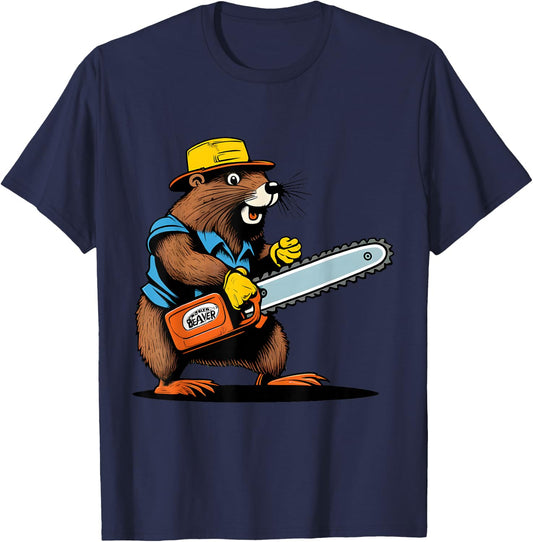Lumber Jack Beaver with Chainsaw - Retro Comic Art Funny T-Shirt - T-Shirt | Navy