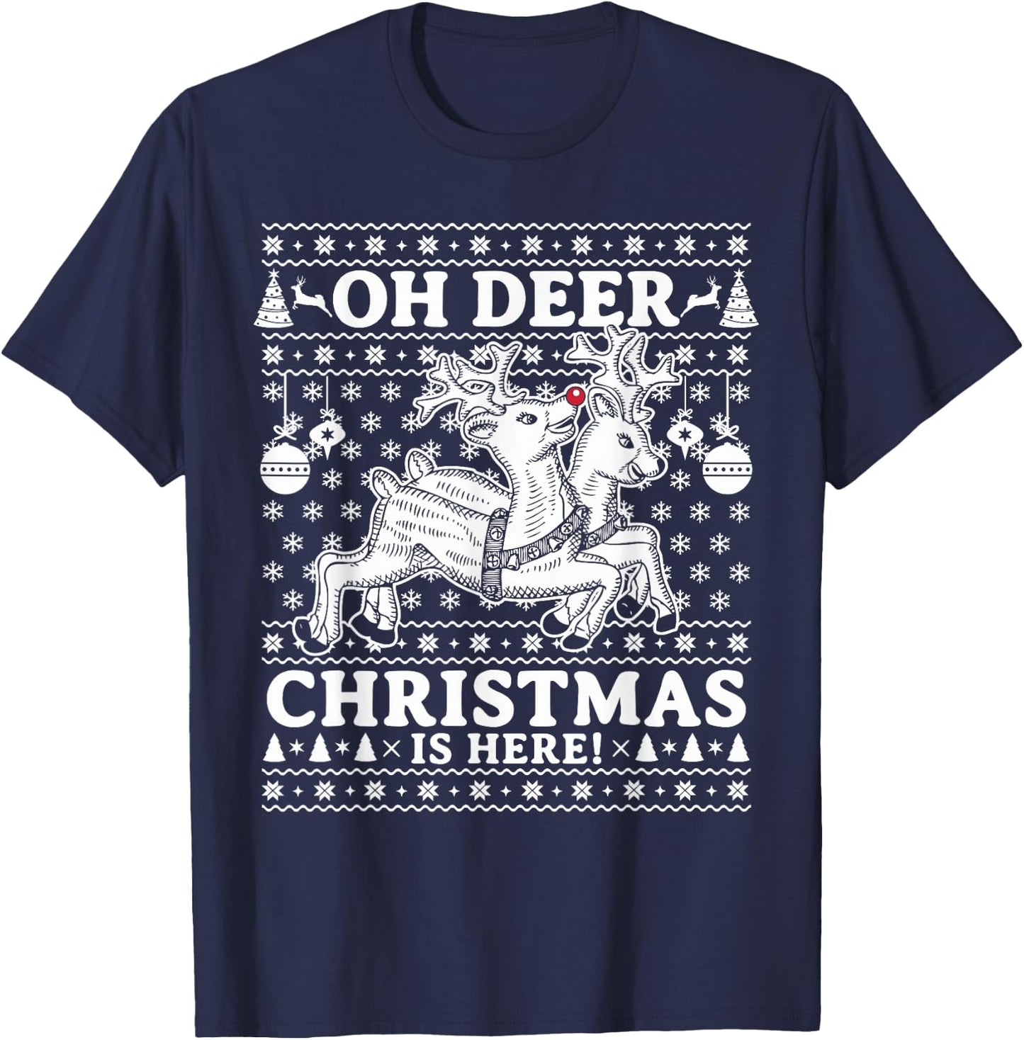 Oh Deer Christmas Is Here Reindeer Ugly Christmas Pajama T-Shirt - T-Shirt | Navy