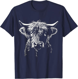 Highland Cow Art Animal Portrait Farm Graphic Highland Cow T-Shirt - T-Shirt | Navy